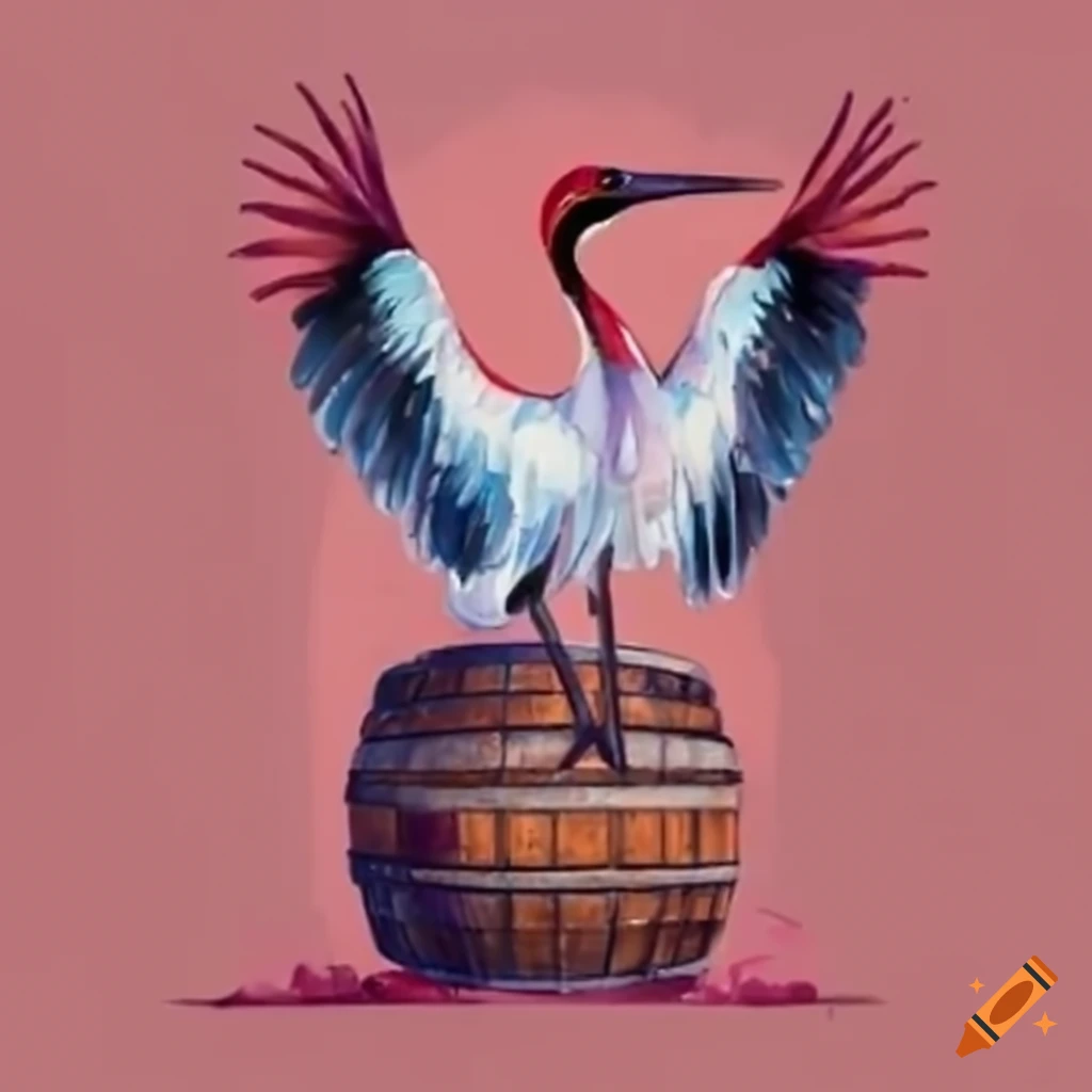 Crane bird performing a handstand on a barrel