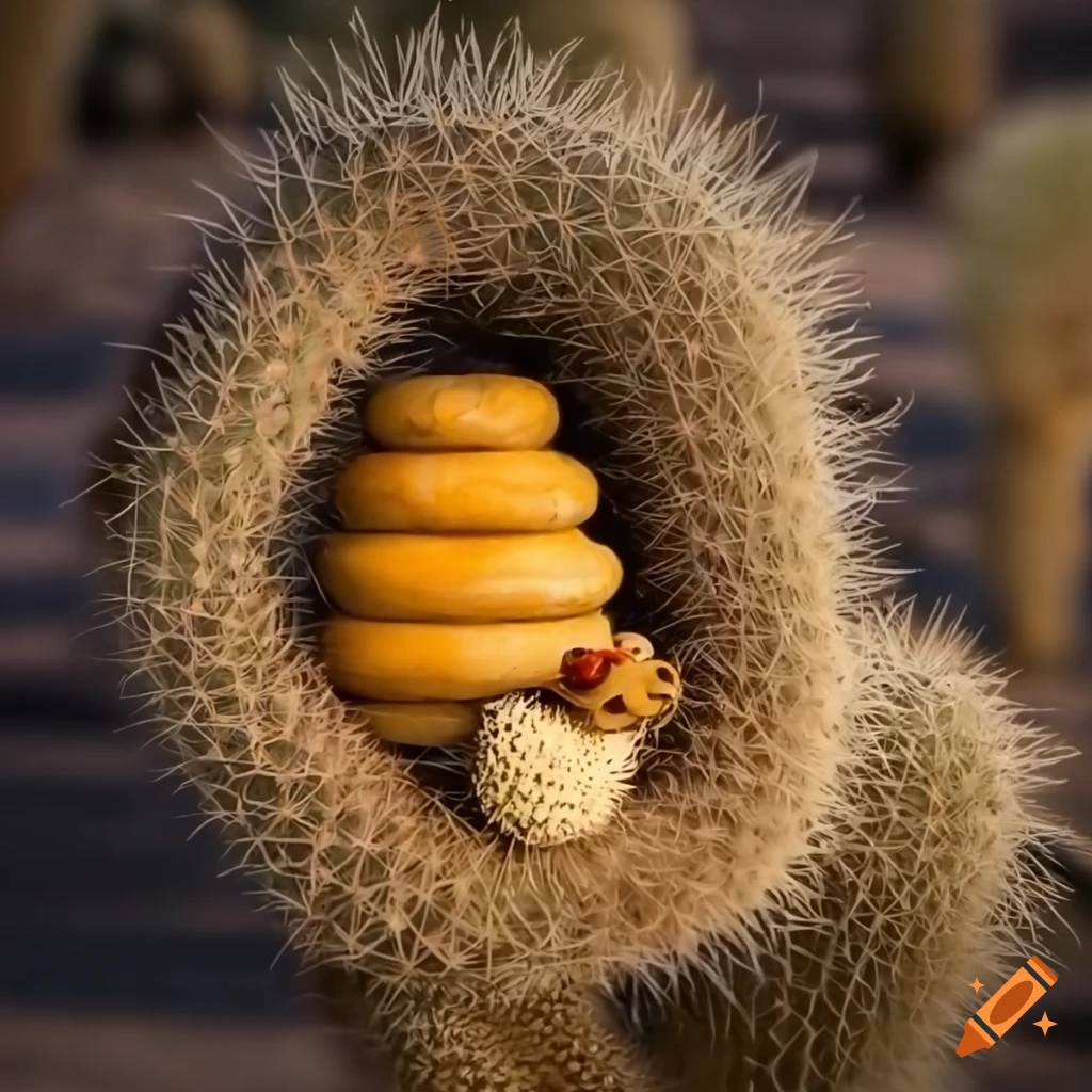 Cartoon beehive on a teddy bear cholla cactus
