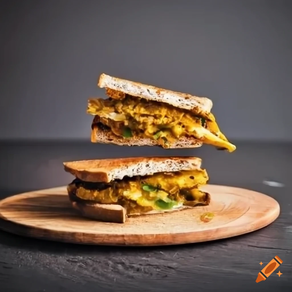 Delicious and spicy Indian Bombay potato masala sandwich on a wooden plate
