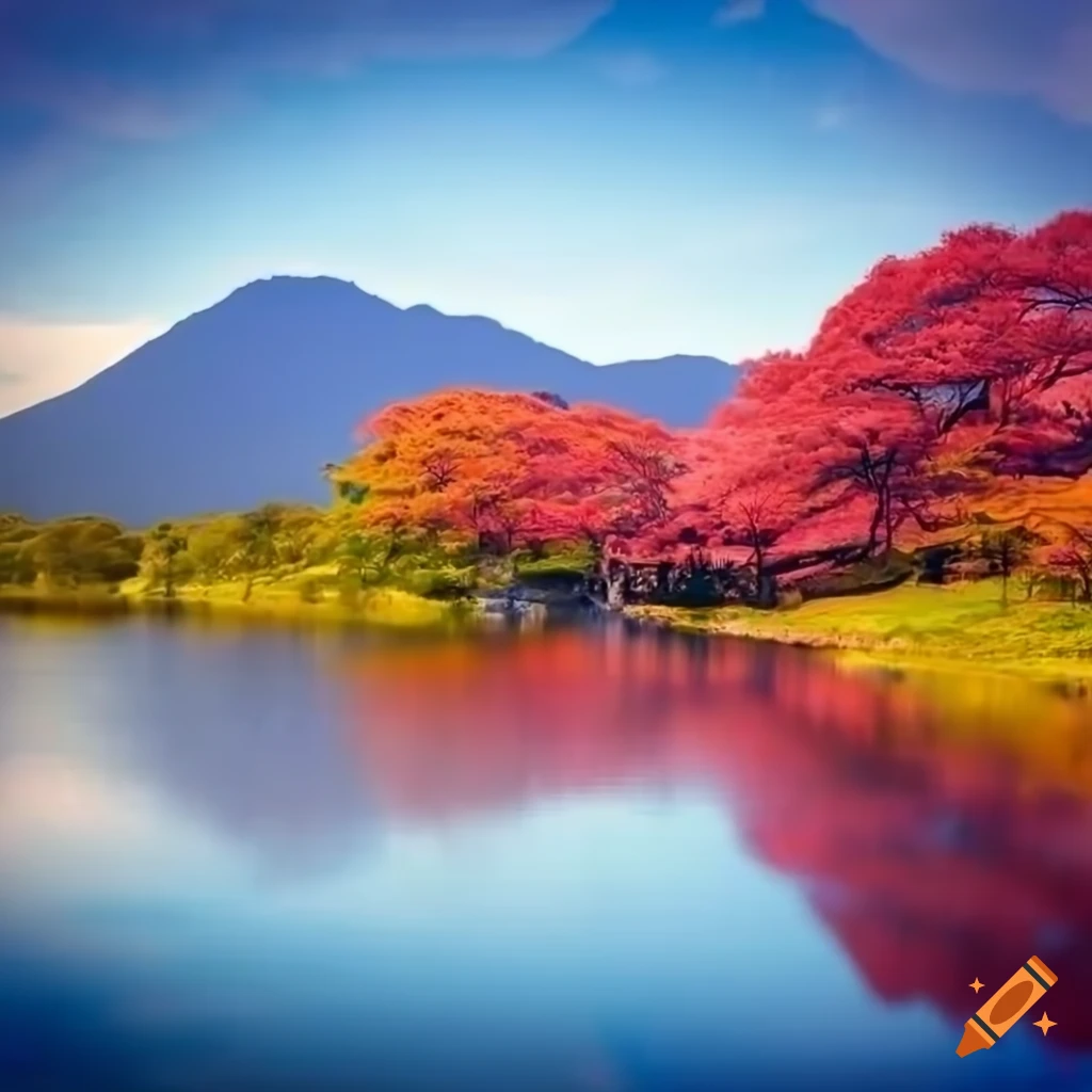 Ancient sakura tree by the lake with mountains and Japanese temples on ...