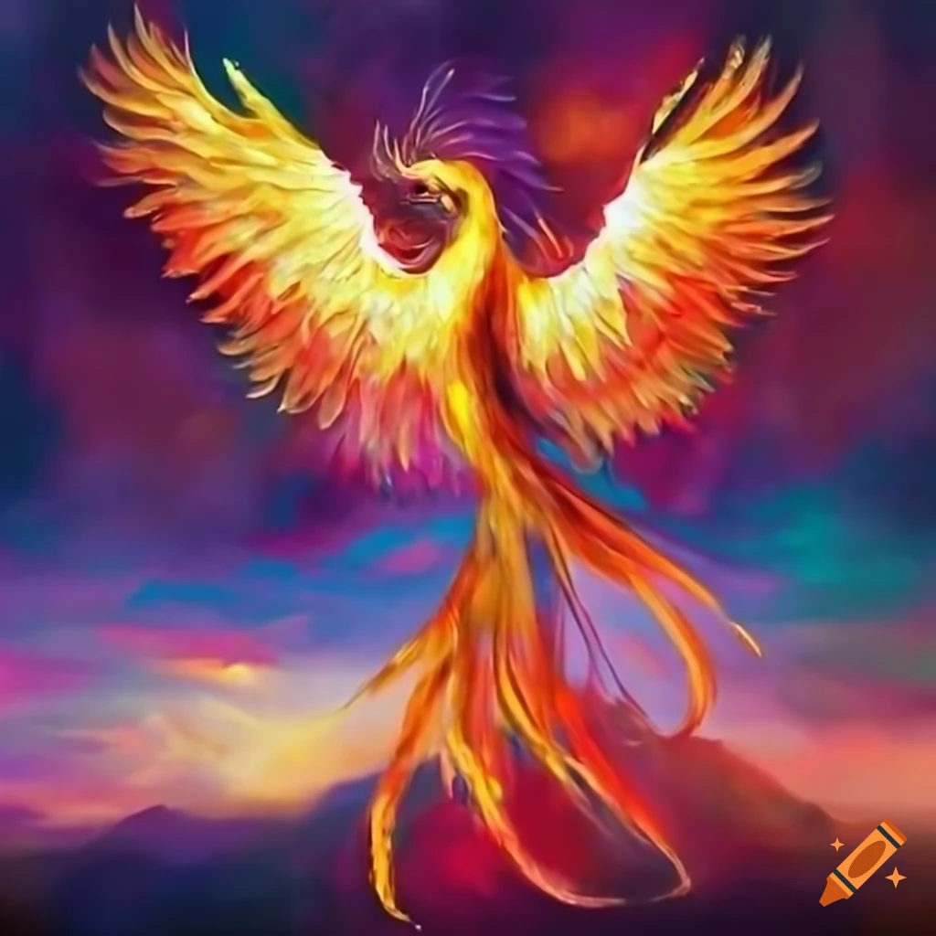 Angelic phoenix with fiery wings against a beautiful sunset