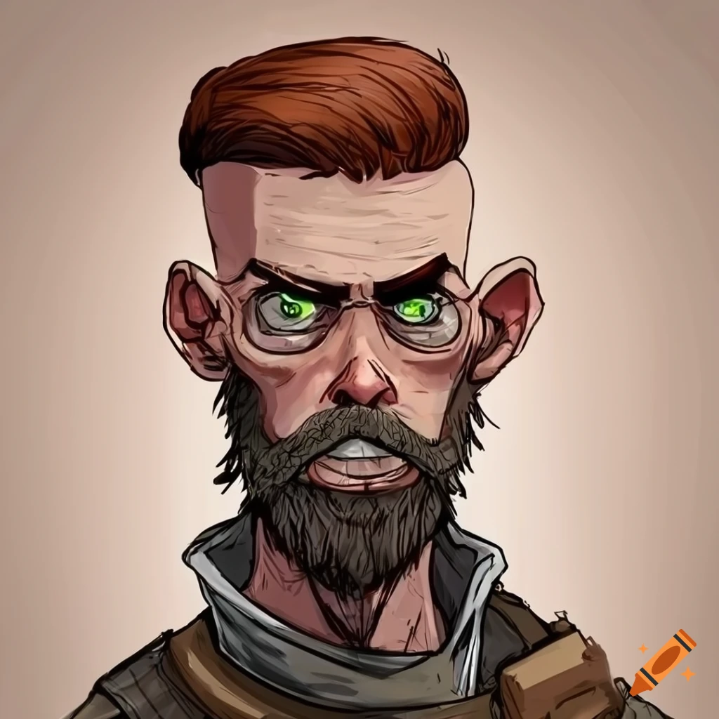 Post-apocalyptic survivor with short beard and fade haircut in a ...