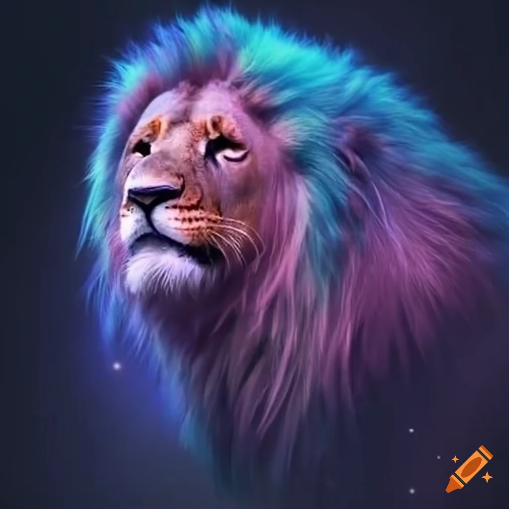 Ascendant lion with galaxies in its mane