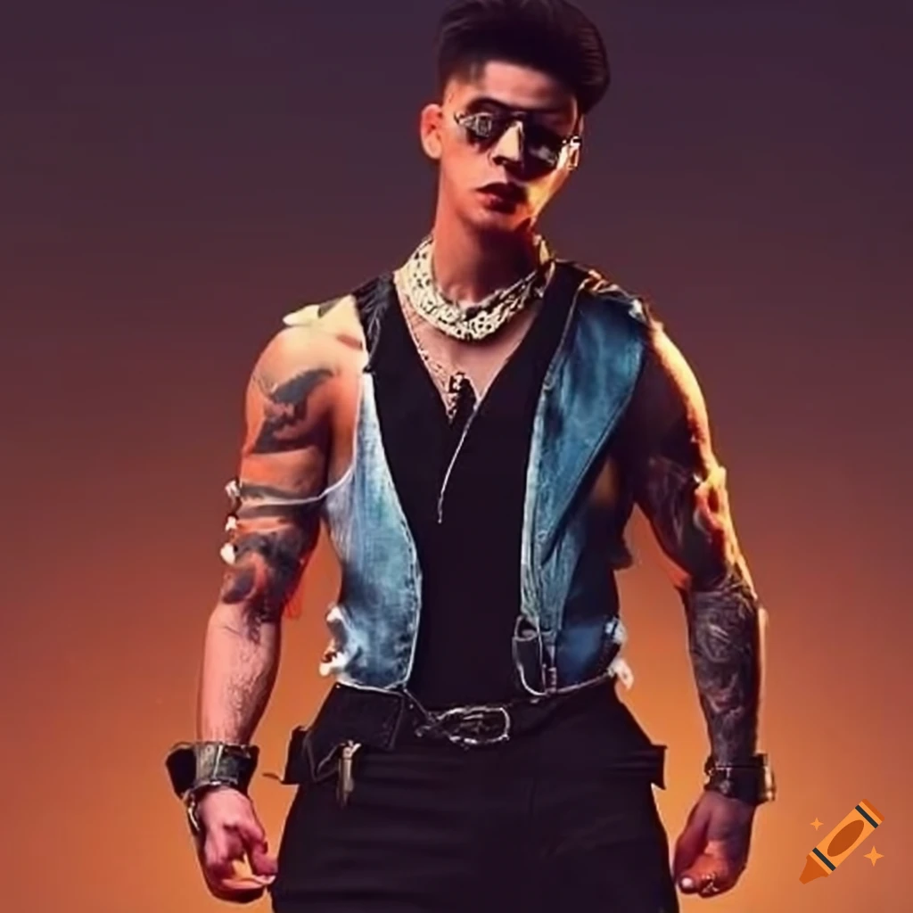 Outfit ideas for a male singer into 80s Hi-NRG music with black leather waistcoat, tie-died denim jeans, and combat boots