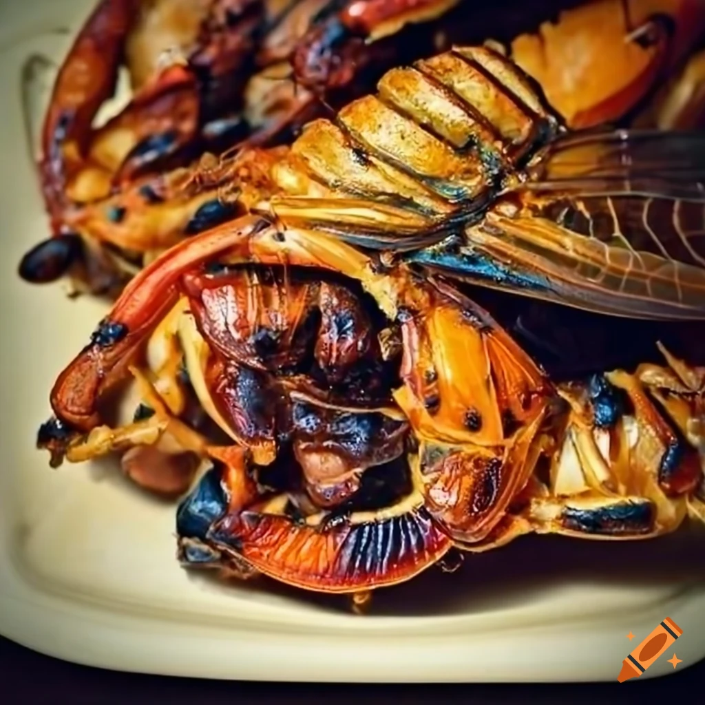 Roasted cicadas plated flamboyantly on Craiyon