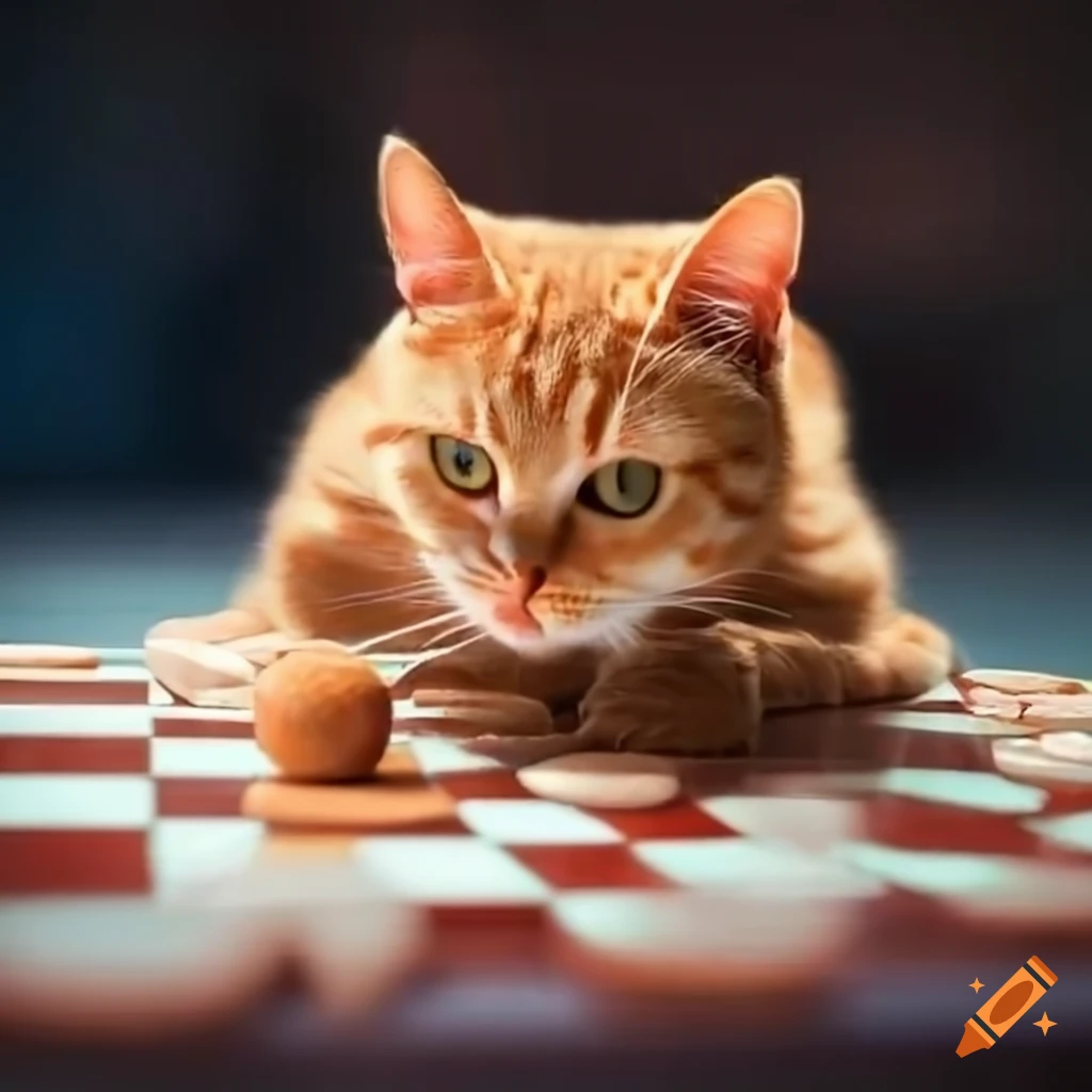 Cute orange cat playing checkers in space on Craiyon
