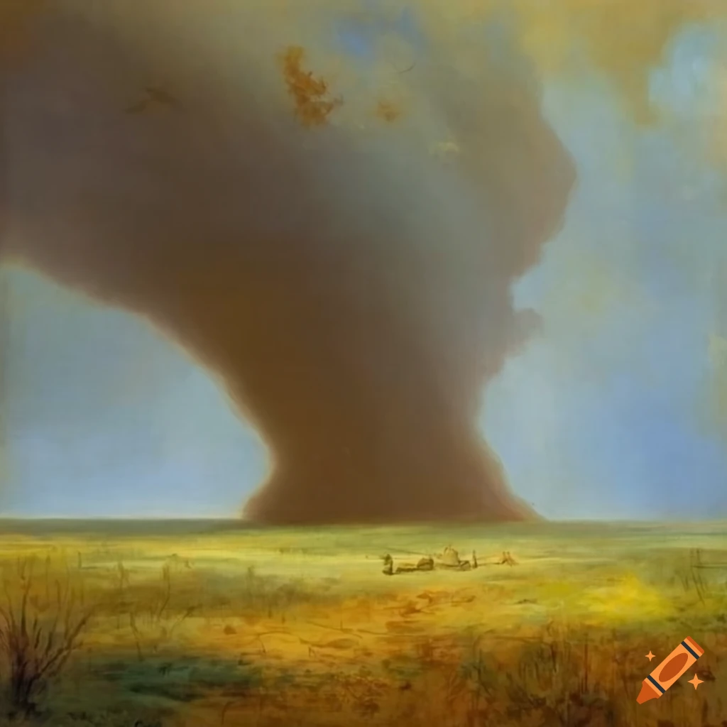 Tornado in a prairie oil painting inspired by Albert Bierstadt