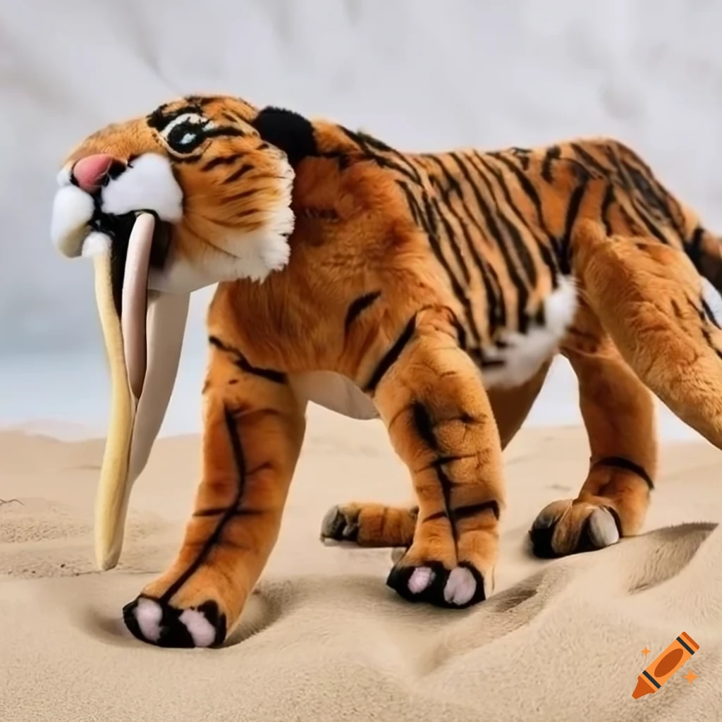 Realistic adult saber-toothed tiger plush on a sandy beach