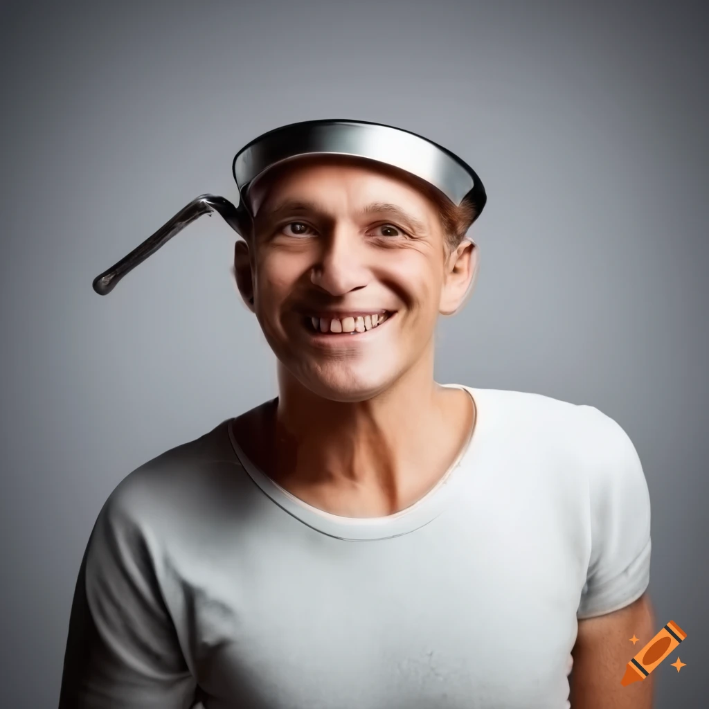 Man carrying a saucepan on his head and smiling on Craiyon