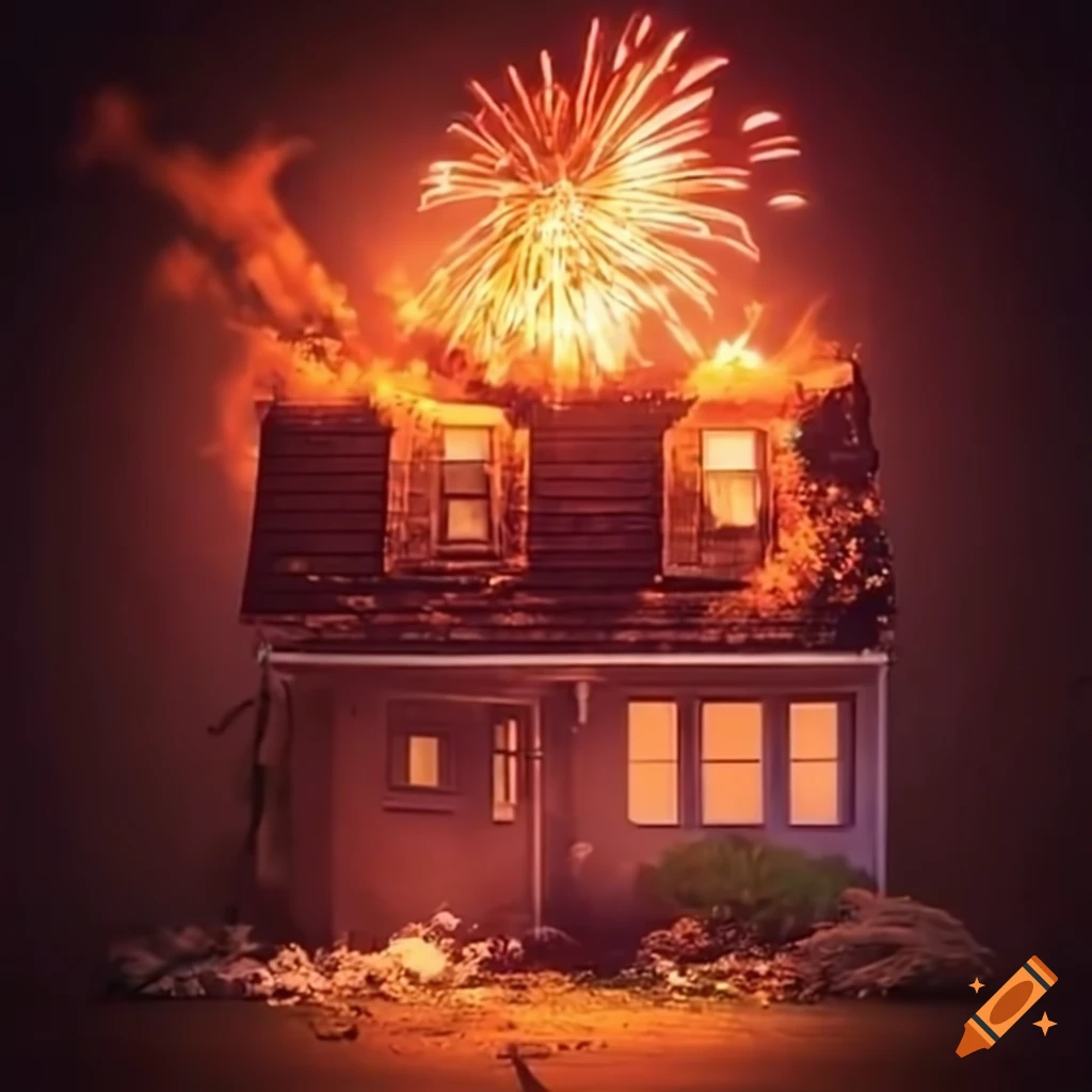 House exploding with fireworks bursting out of windows and doors