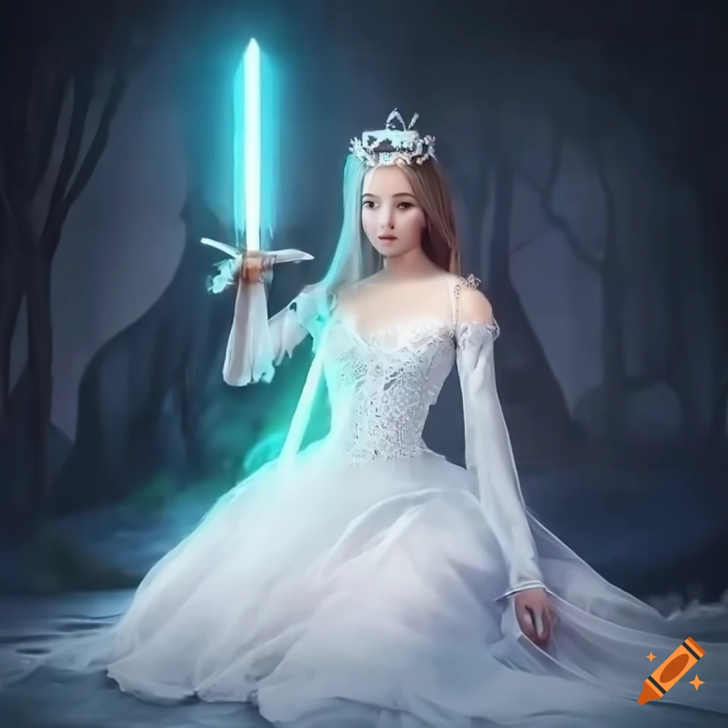 Young princess in a white dress with a glowing silver sword in a forest of gentle white light