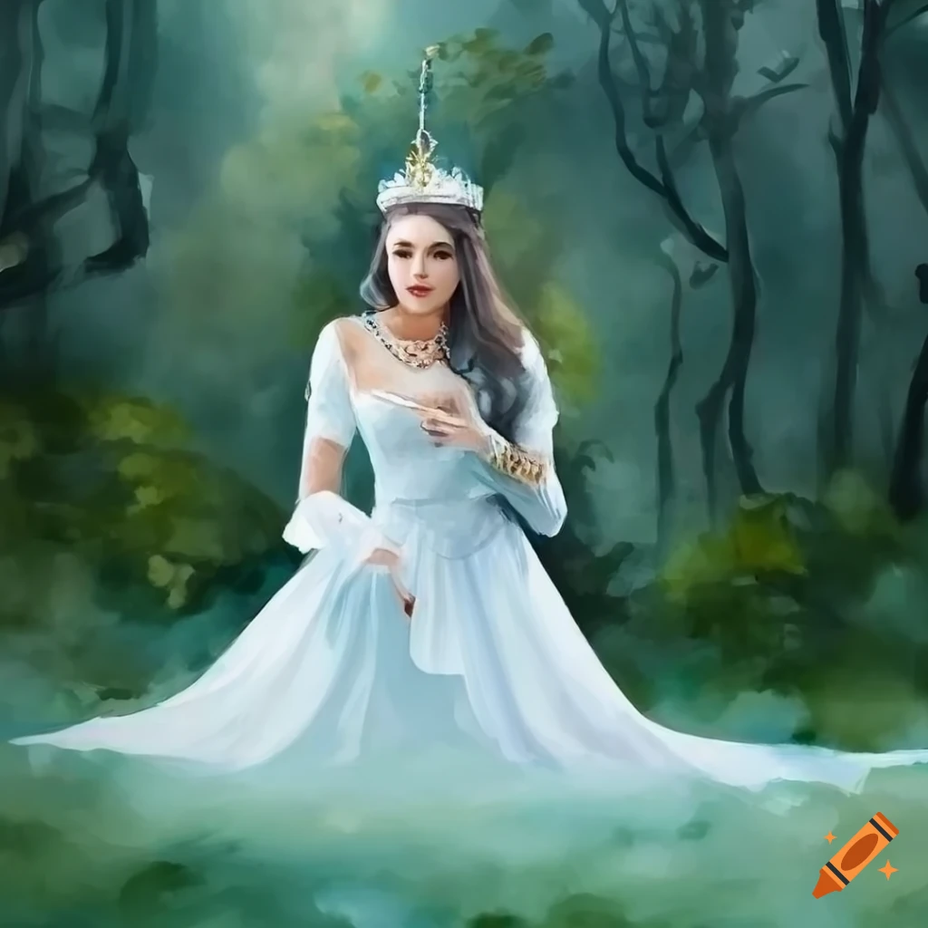 Mid-age princess with silver sword kneeling in a gentle light forest