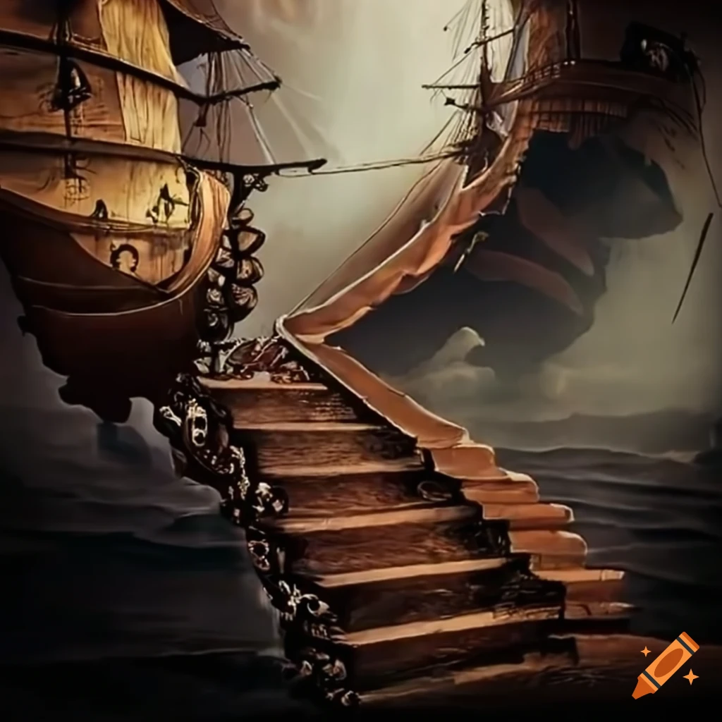 Person going down stairs of a pirate ship on Craiyon