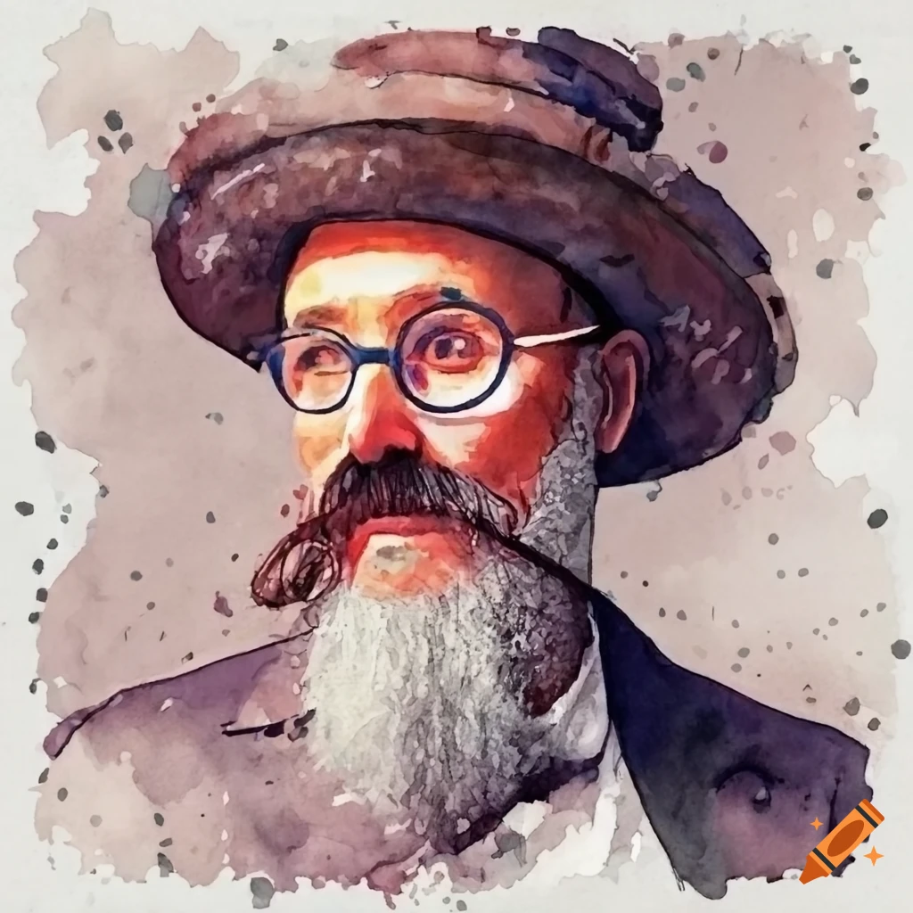 Watercolor illustration of a sophisticated Victorian man with beard and round glasses