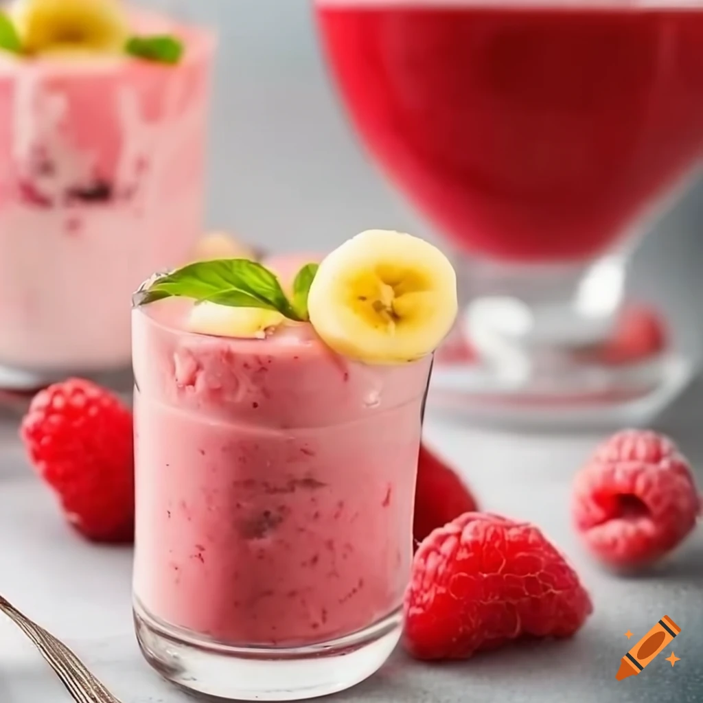 Colorful and nutritious fruit smoothie glass with raspberries, banana