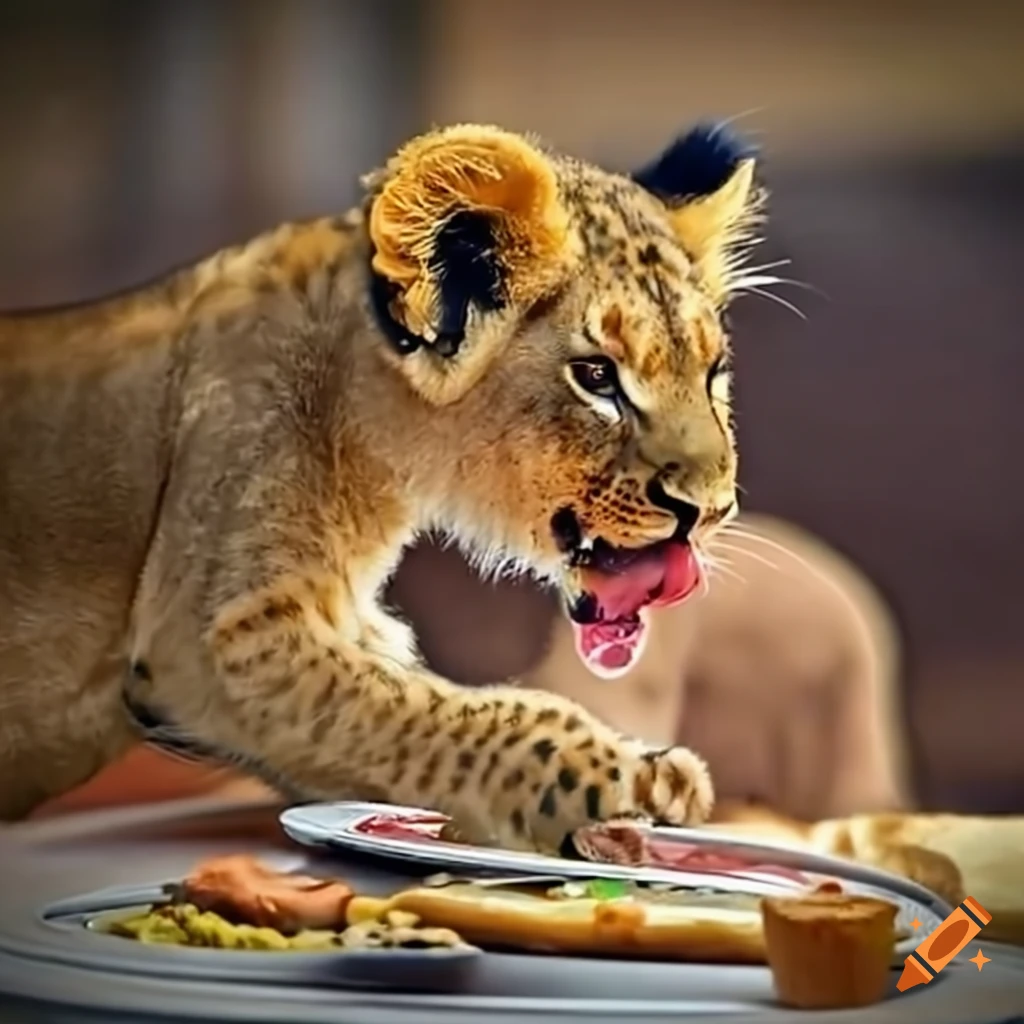 Lion cub nuzzling its meal at a restaurant