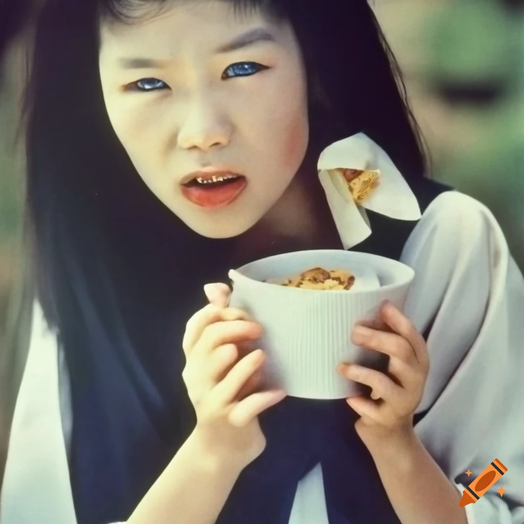 Japanese woman in white kimono dress eating cereal