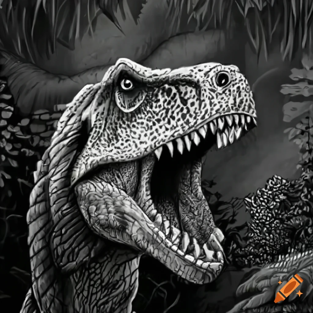 Dinosaur roaring in a lush jungle in black-and-white animation