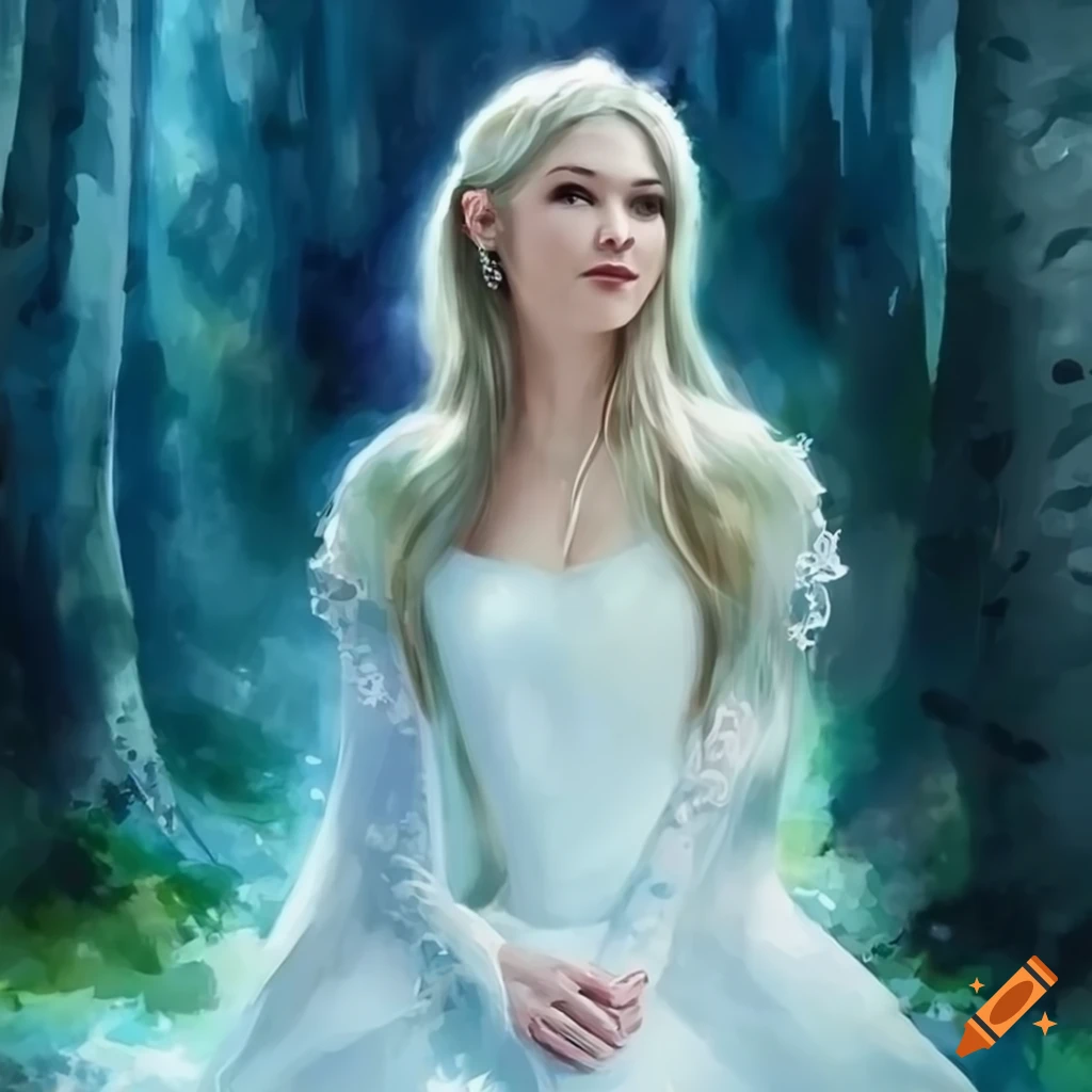 Mid-age princess in white dress with silver crown holding glowing sword in forest