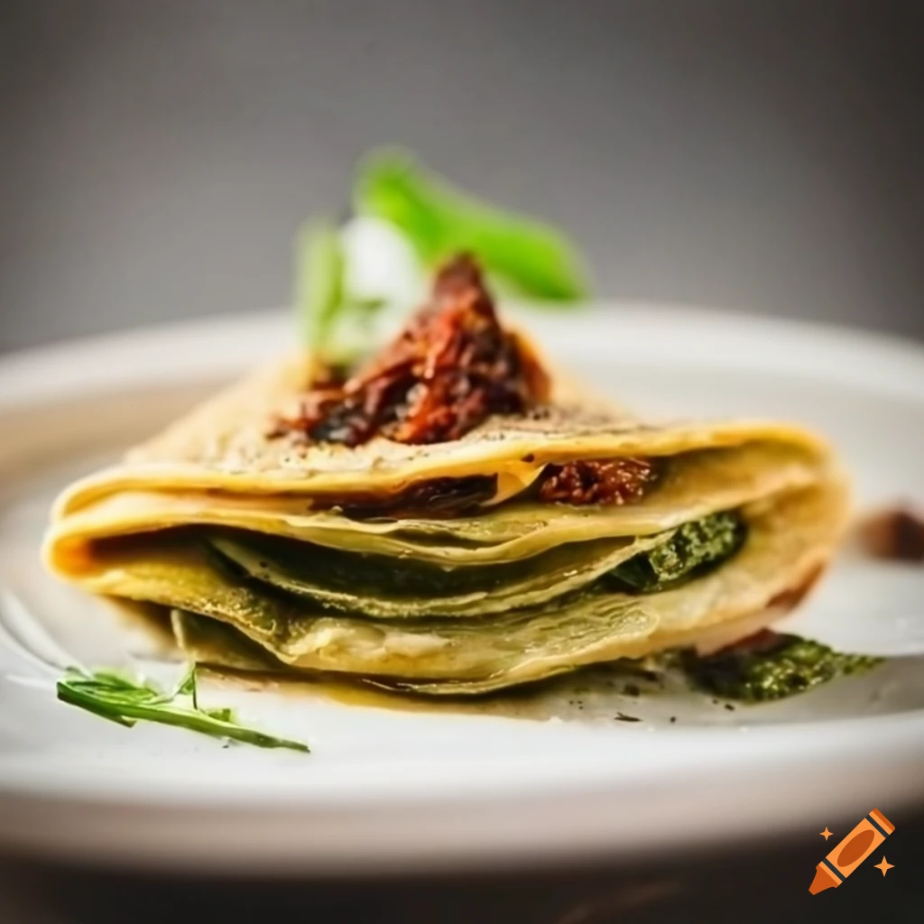 Delicious pesto crepe with sun-dried tomatoes, mozzarella, arugula, and parmesan