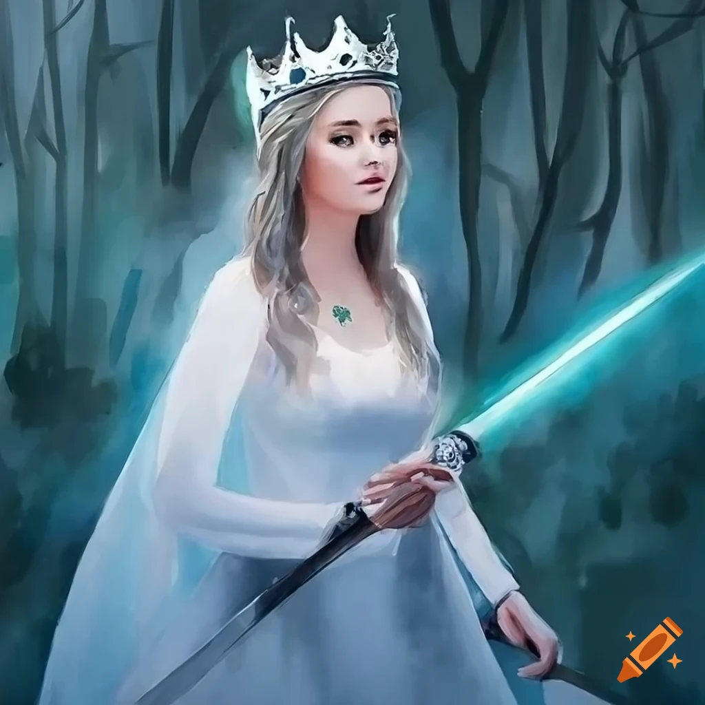 Mid-age princess in white dress with silver sword kneeling in a forest