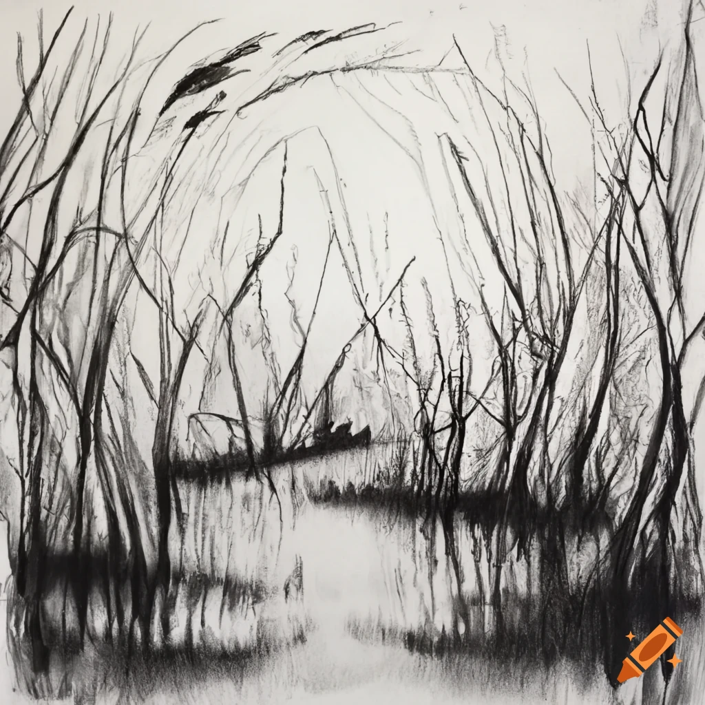 Field flooded in a charcoal black and white drawing