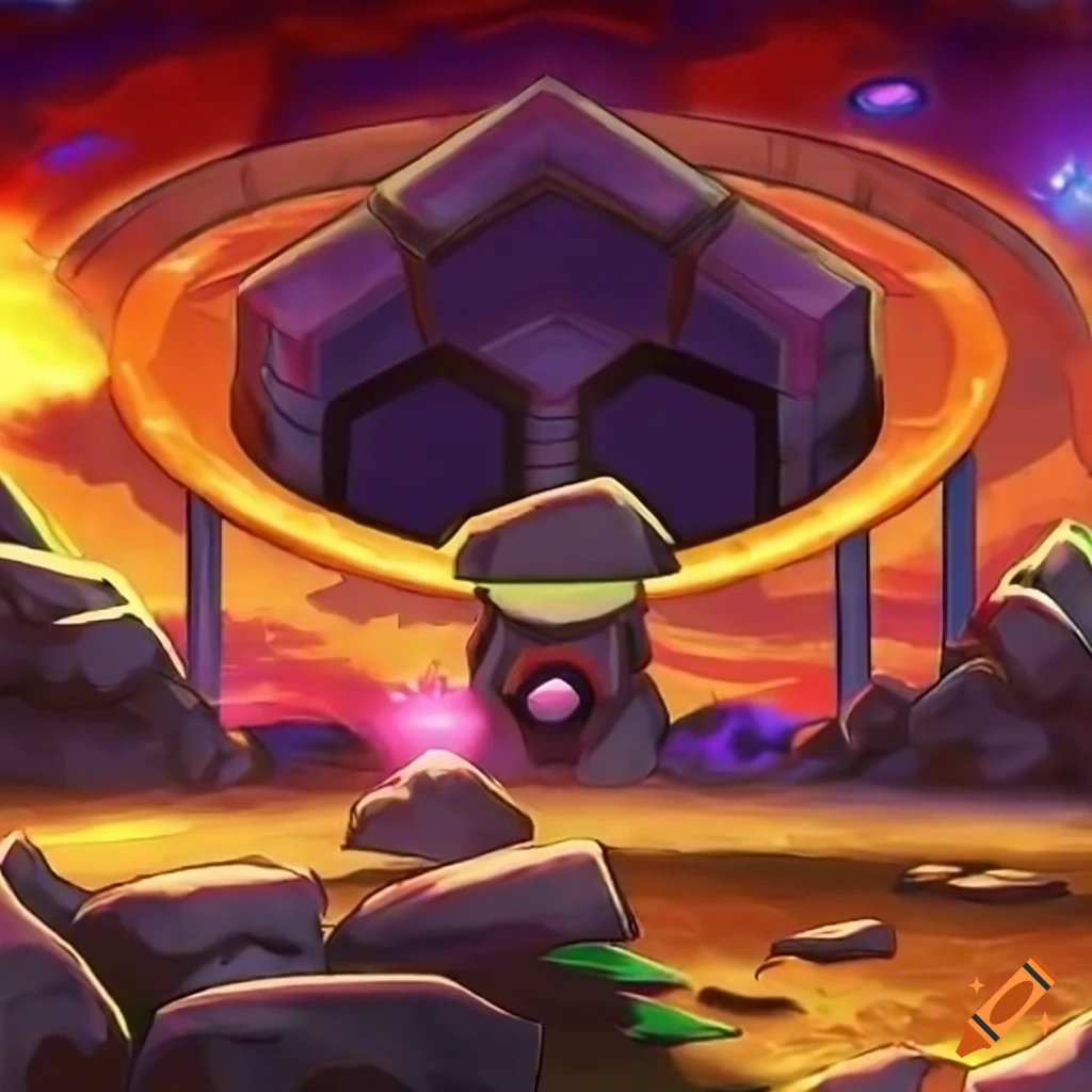 Dynamic battle arena scene with two opposing Pokémon cards