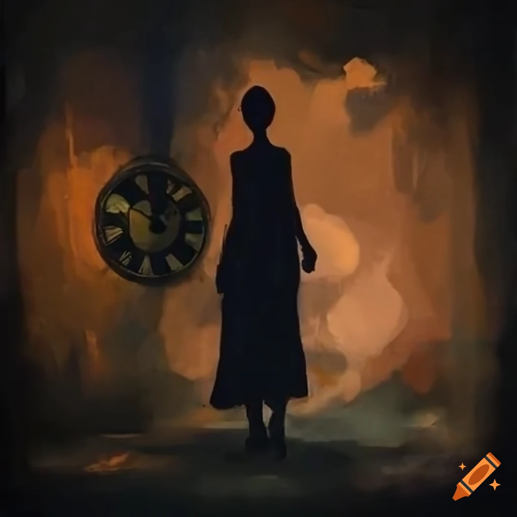 Silhouetted figure destroying a rusted clock in an abandoned setting on ...