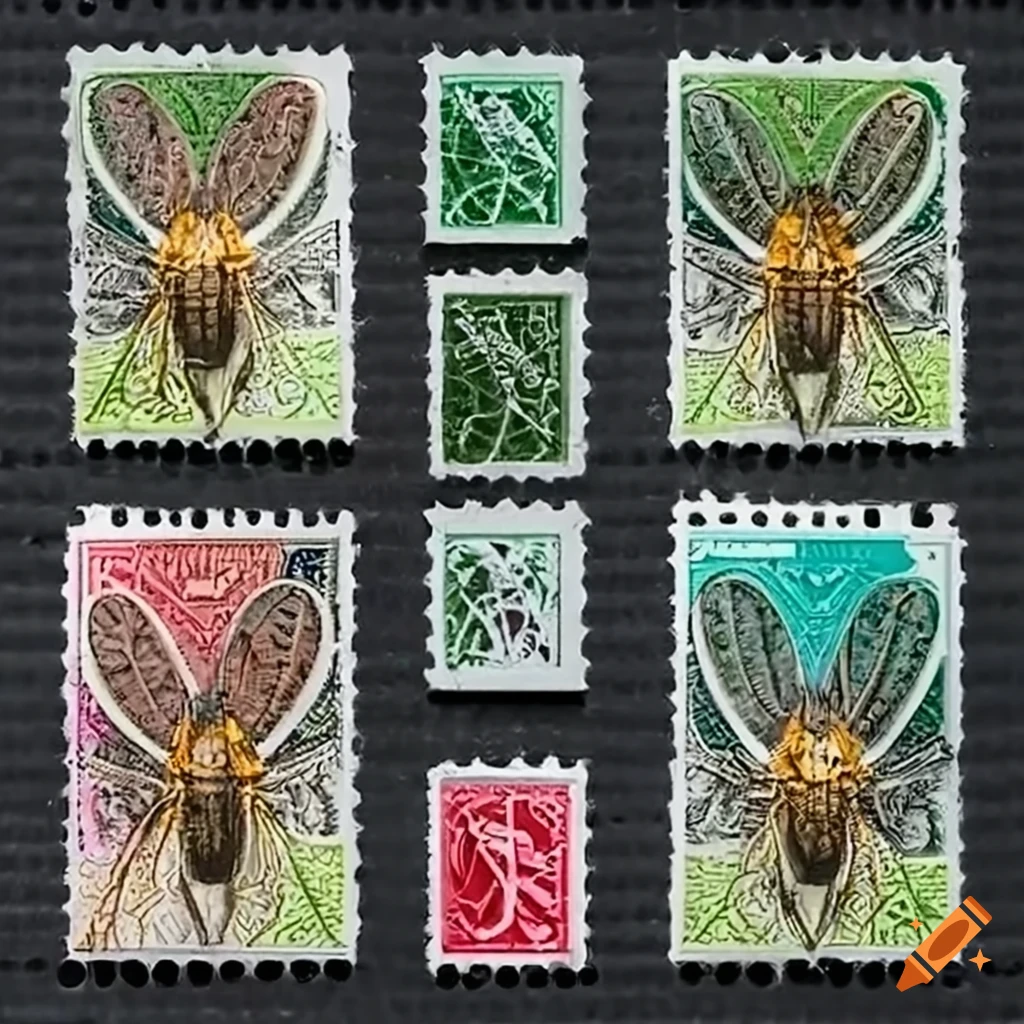 Intricate designs of cicadas on collector's postage stamps