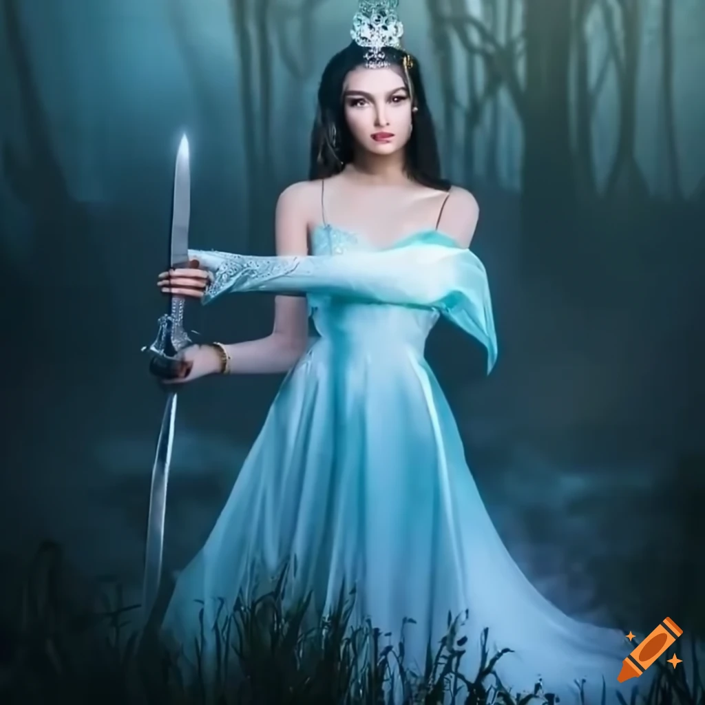 Mid-age princess in white dress and silver crown with glowing sword in a forest of white light