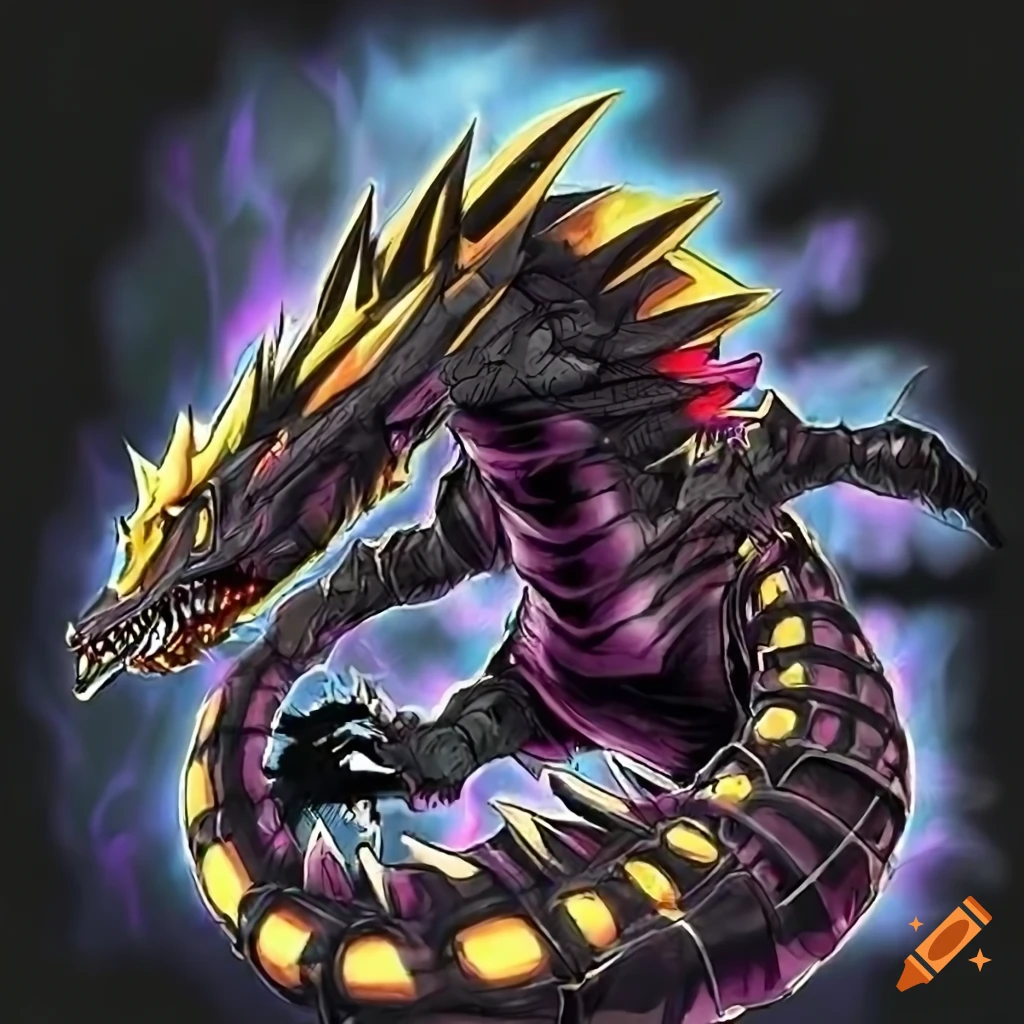 Jet black basilisk with red eyes and yellow claws in yugioh art style