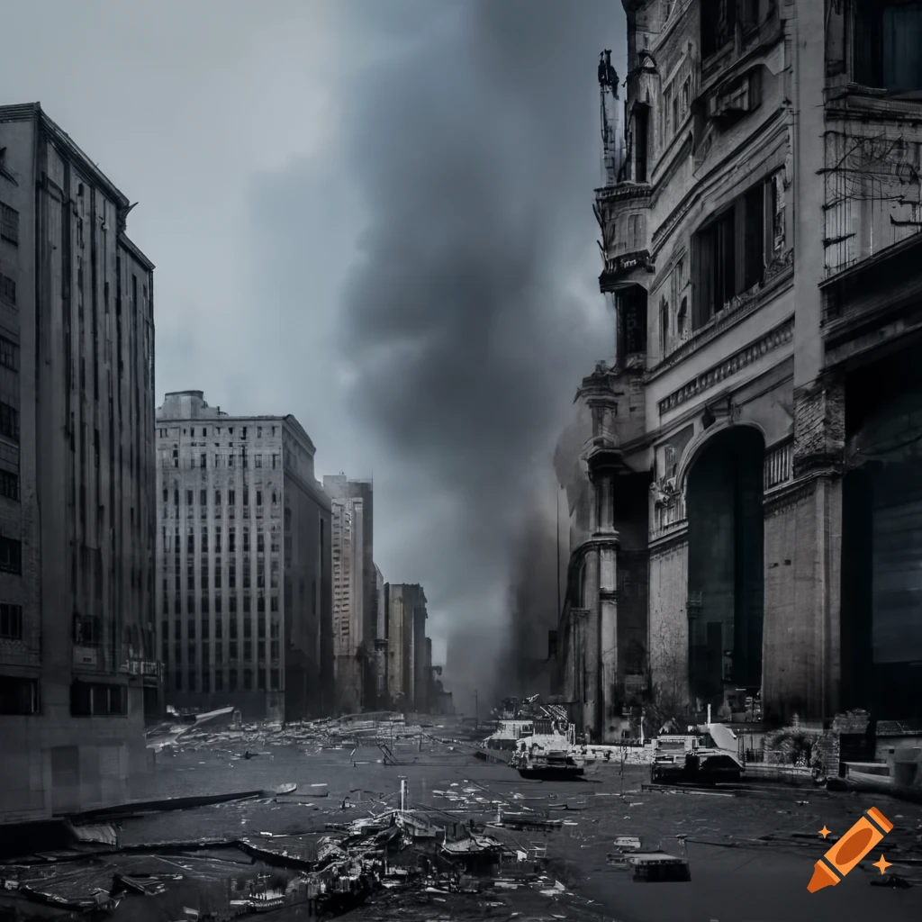 Dramatic apocalyptic cityscape with leaning buildings on Craiyon