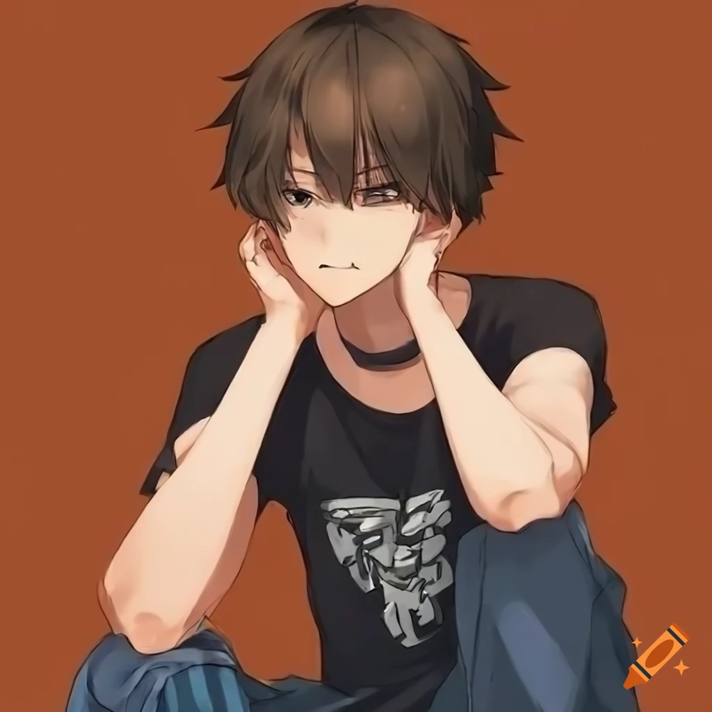 Anime boy with brown hair and green eyes sitting on a bed