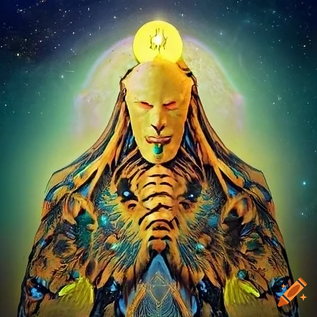Ethereal hall of cosmic contemplation with two towering figures embodying ideologies