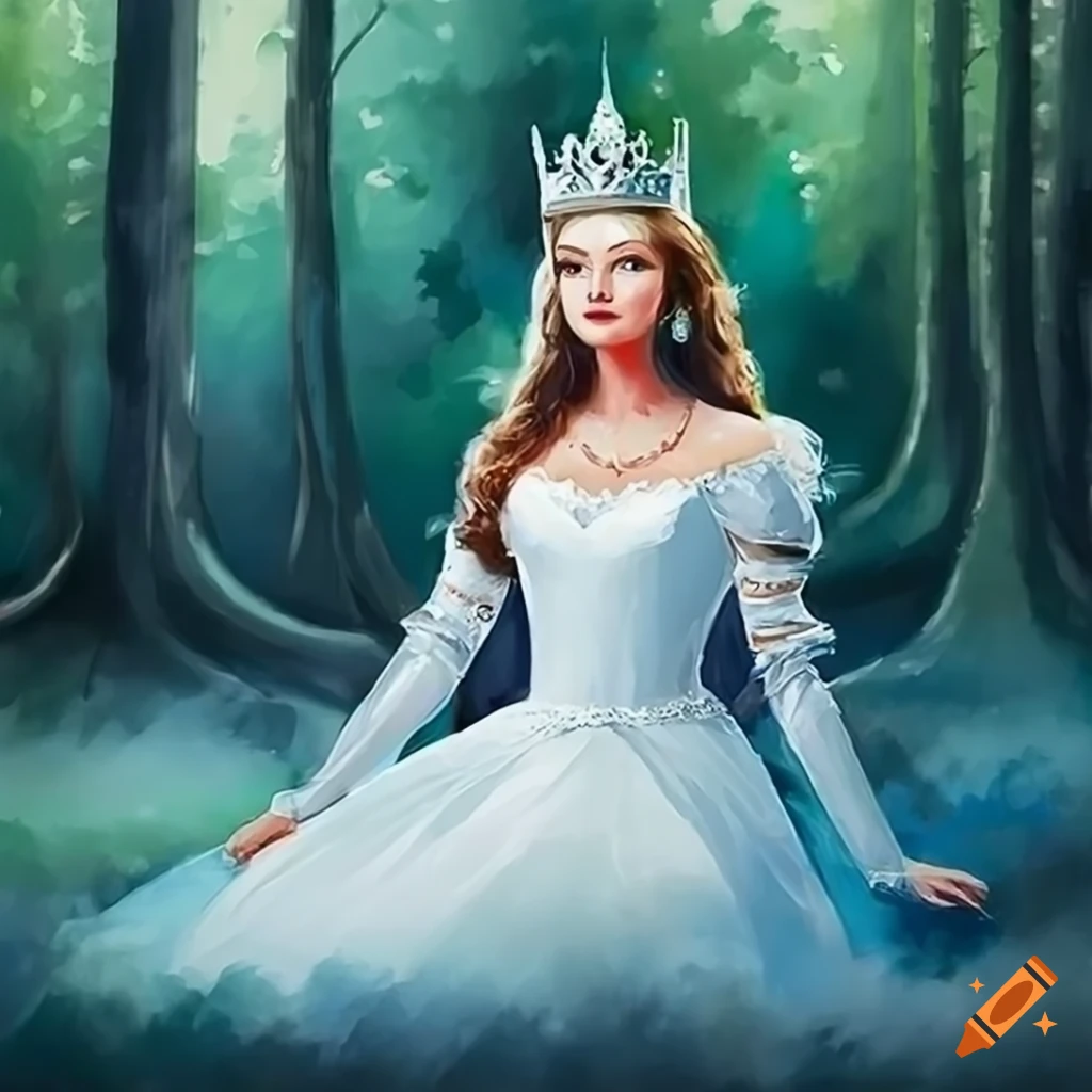 Mid-age princess with silver sword kneeling in a gentle light forest