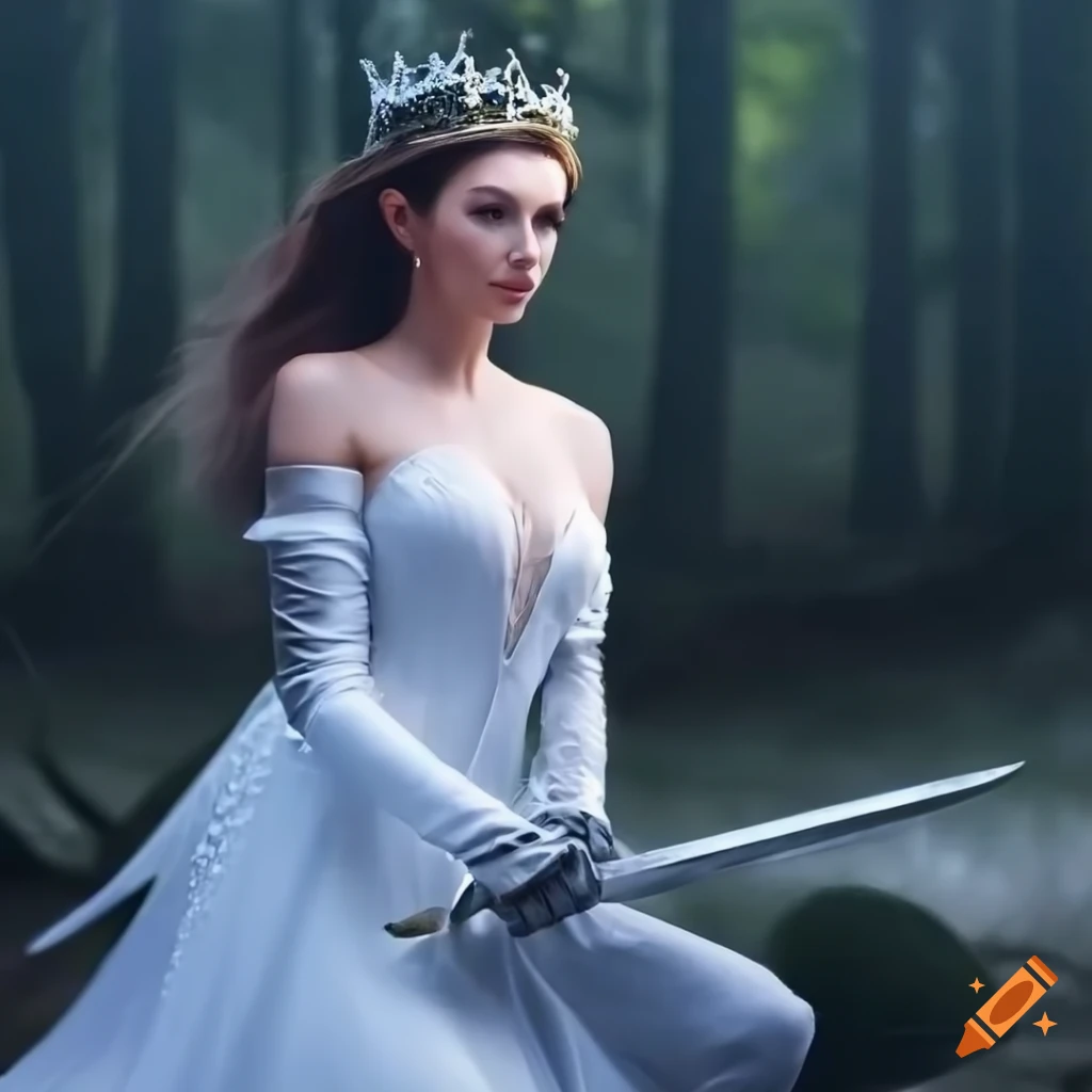 Mid-age princess in white dress with silver sword in a forest of gentle white light