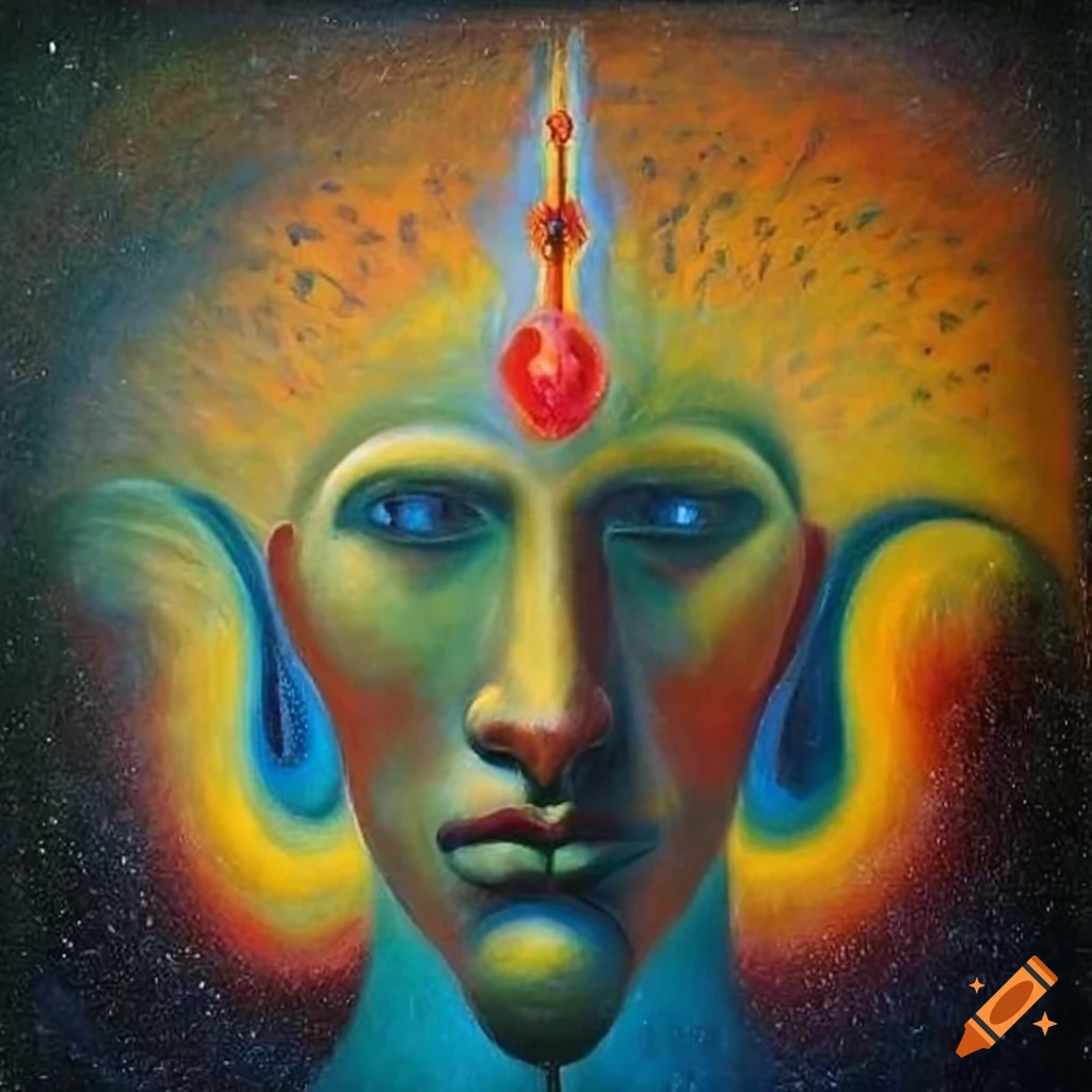 Ethereal hall of cosmic contemplation with towering figures representing ideologies