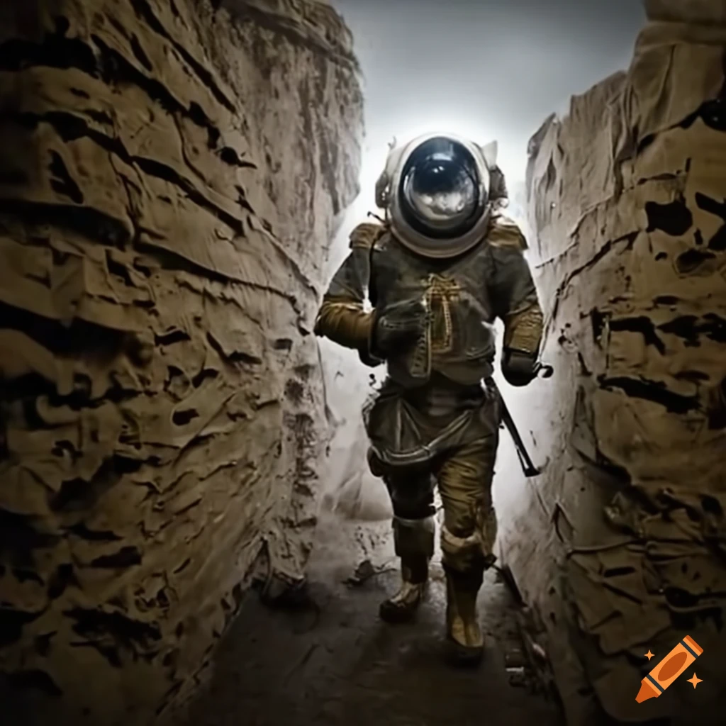 Crusader astronauts in armored spacesuits in WWI trench warfare