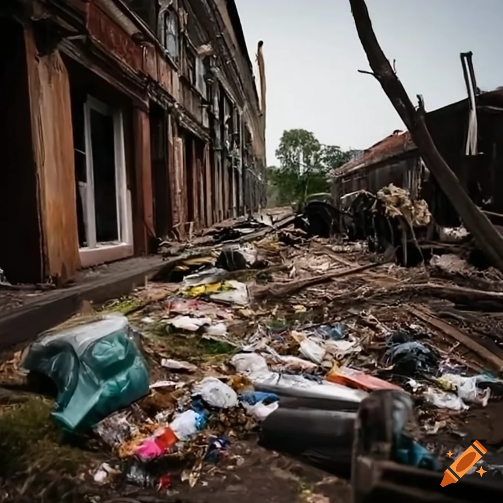 Ruined Australian street with piles of garbage and trees in apocalyptic setting