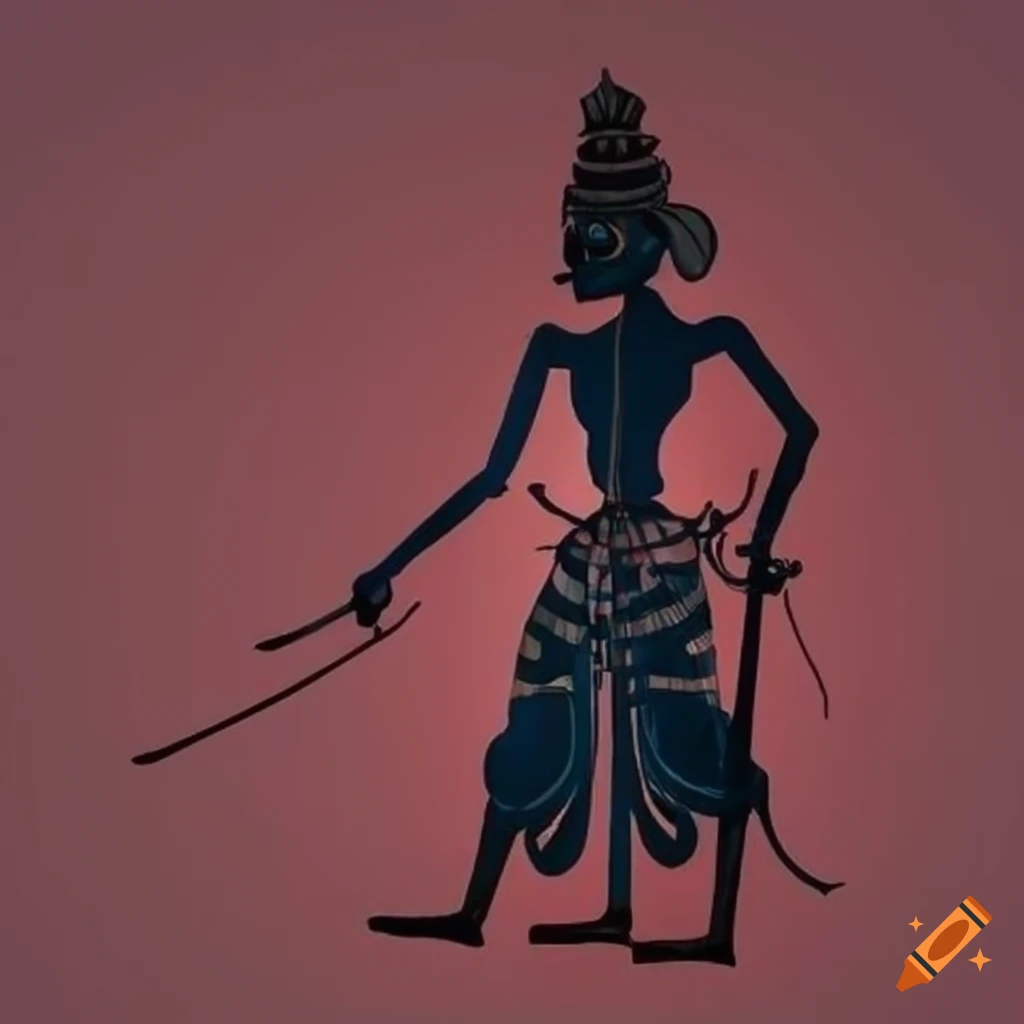 Shadow puppet theater with oriental puppet characters on a blue wood crimson matte background