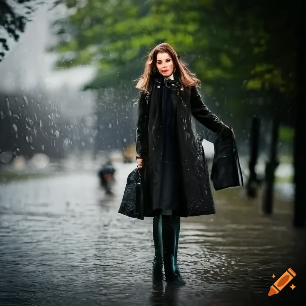 Elegant woman in shiny black rain boots on a rainy day