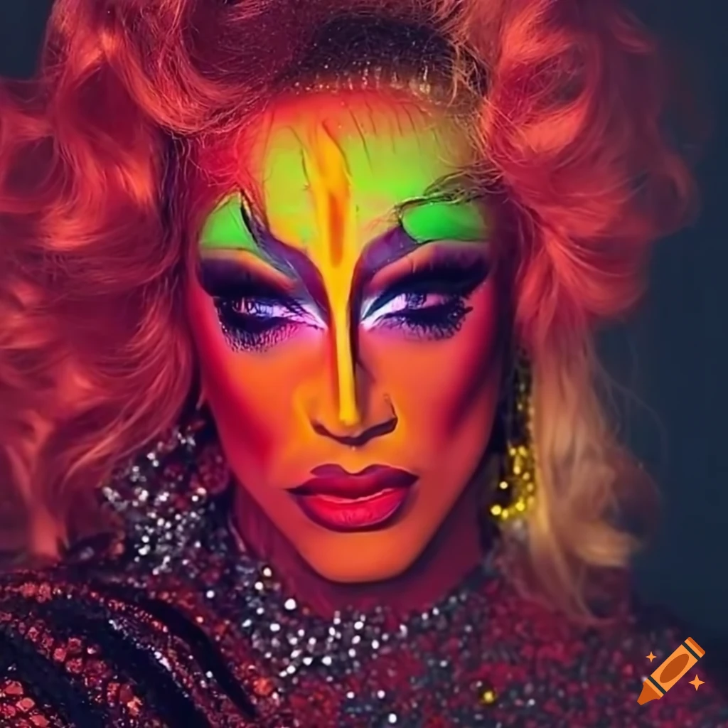 Outfit for a drag queen with glowing and glittering orange, red & yellow makeup