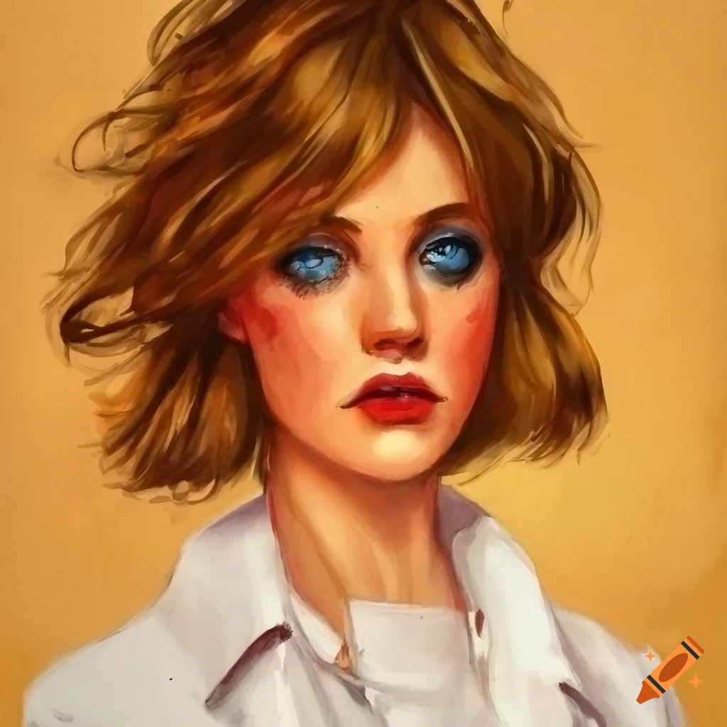 Painting of a woman with caramel hair and blue eyes in a messy bun on