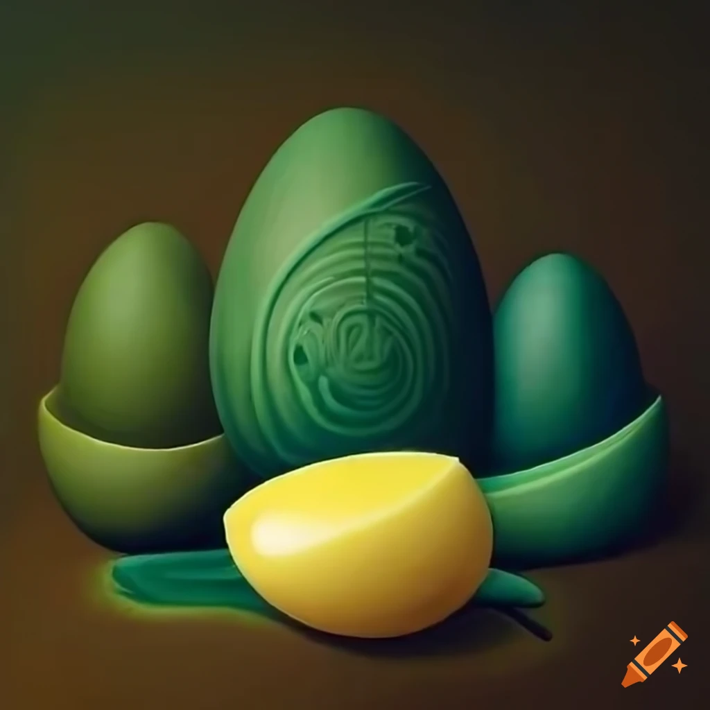 Surreal painting of eggs inspired by escher and melting stringy