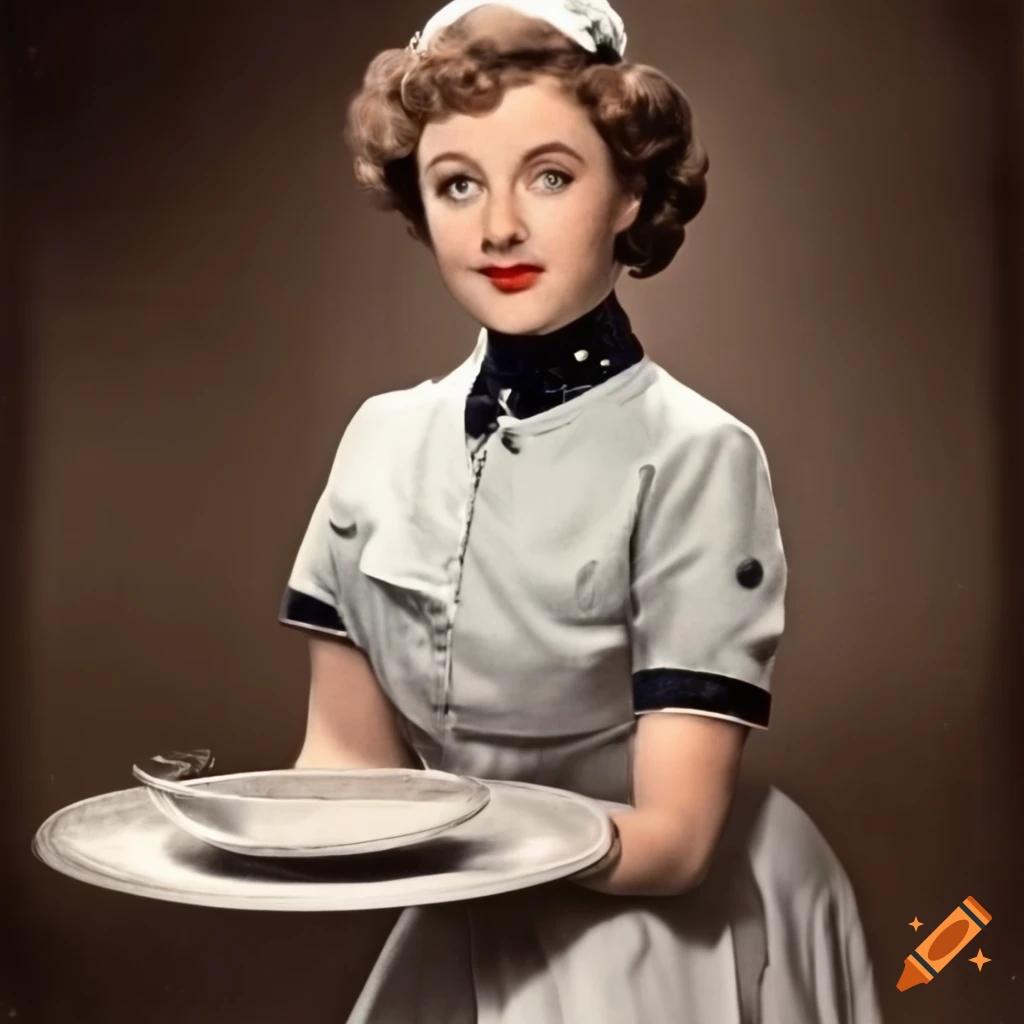 waitress-in-1940s-uniform-with-serving-tray-in-realistic-fisheye-photo