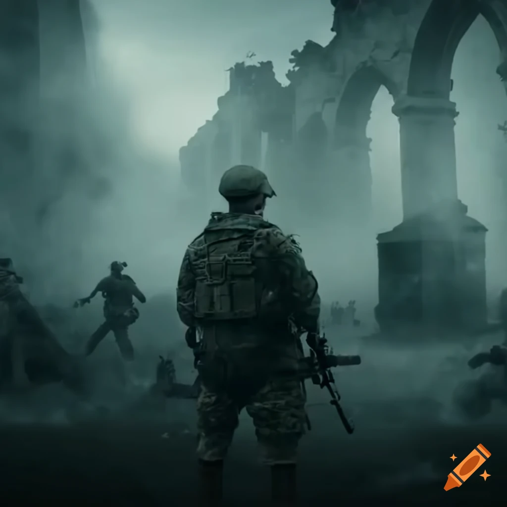 Soldiers training in a smoky and ruined environment