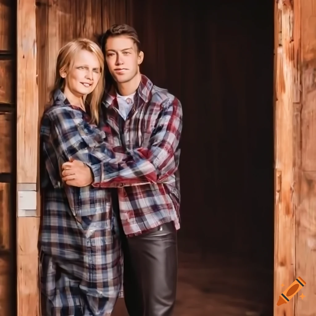 English couple in country plaid shirt and black leather trousers peeping through barn door