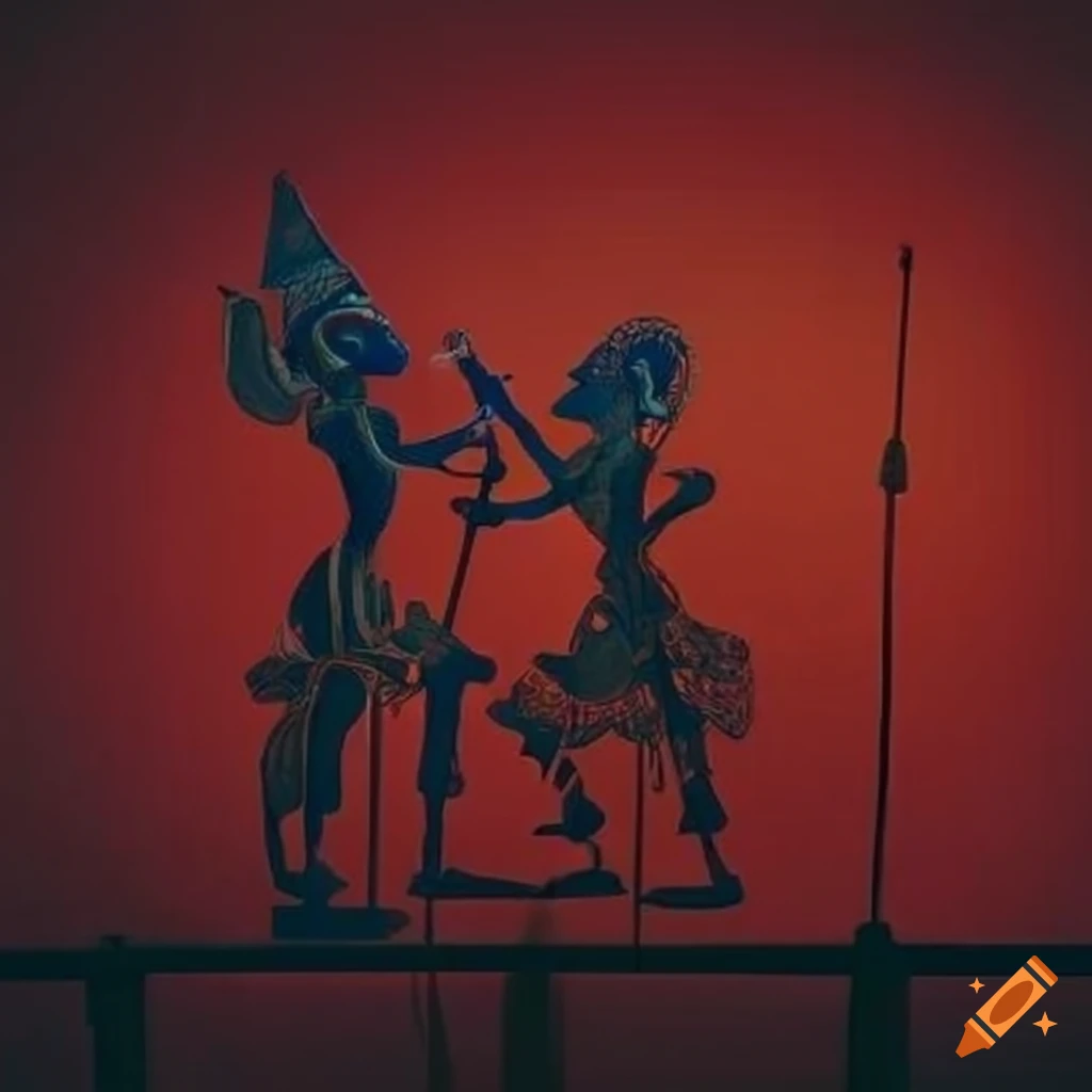 Intricately detailed shadow puppet theatre with oriental characters on a blue and crimson background