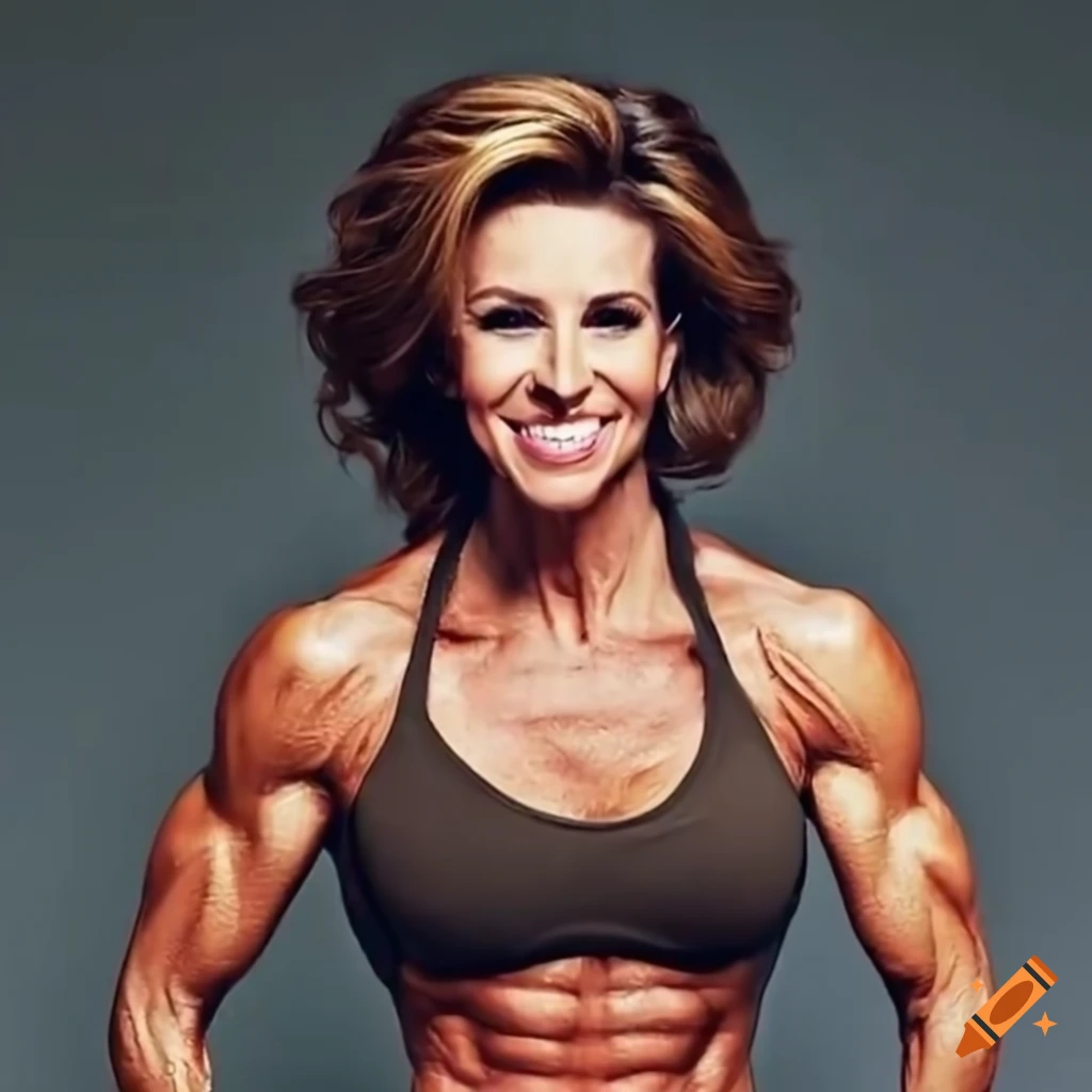 Stephanie Ruhle as a glamorous female bodybuilder in a strenuous workout scene