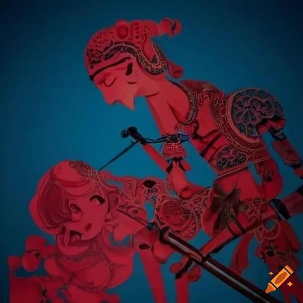 Shadow puppet theater with oriental characters on blue and crimson background